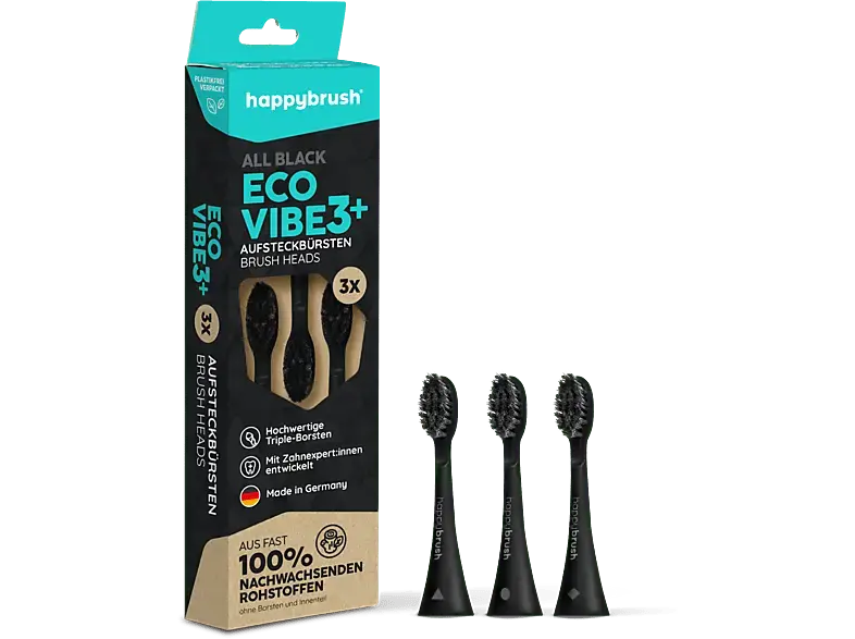 happybrush ECO VIBE 3+ Allblack Schall-Aufsteckbürsten 3 Stück