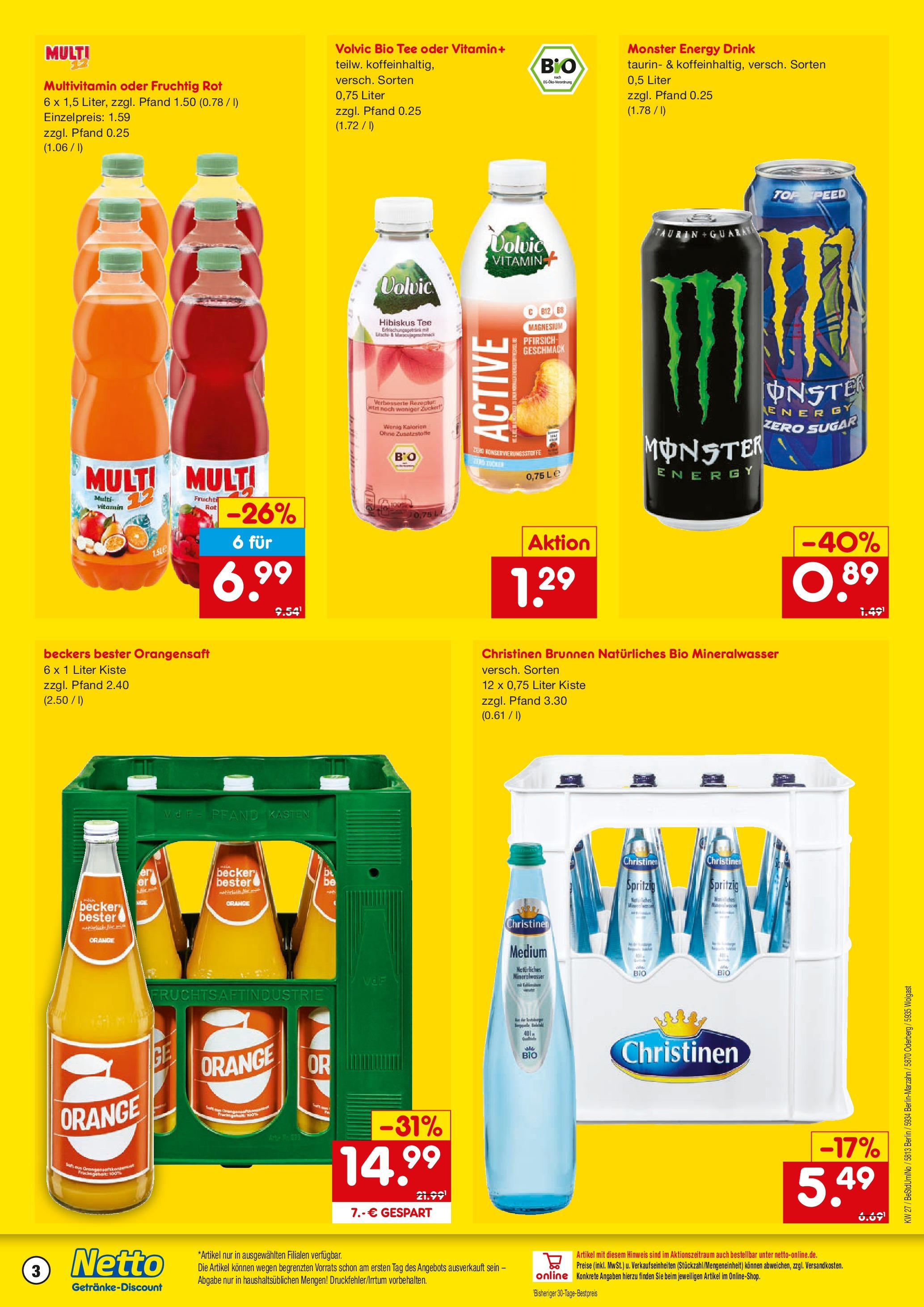 Netto Marken-Discount prospekt Oderberg	 (ab 29.06.2025) » Angebote | Seite: 3 | Produkte: Energy, Orangensaft, Mineralwasser, Volvic