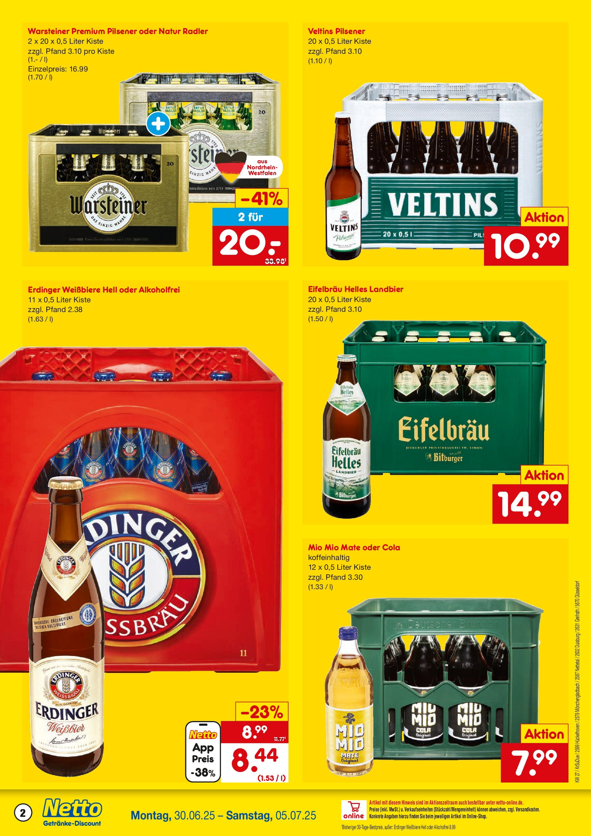 Netto Marken-Discount prospekt Mönchengladbach	 (ab 29.06.2025) » Angebote | Seite: 2 | Produkte: Erdinger, Weißbier, Mio mio mate, Radler