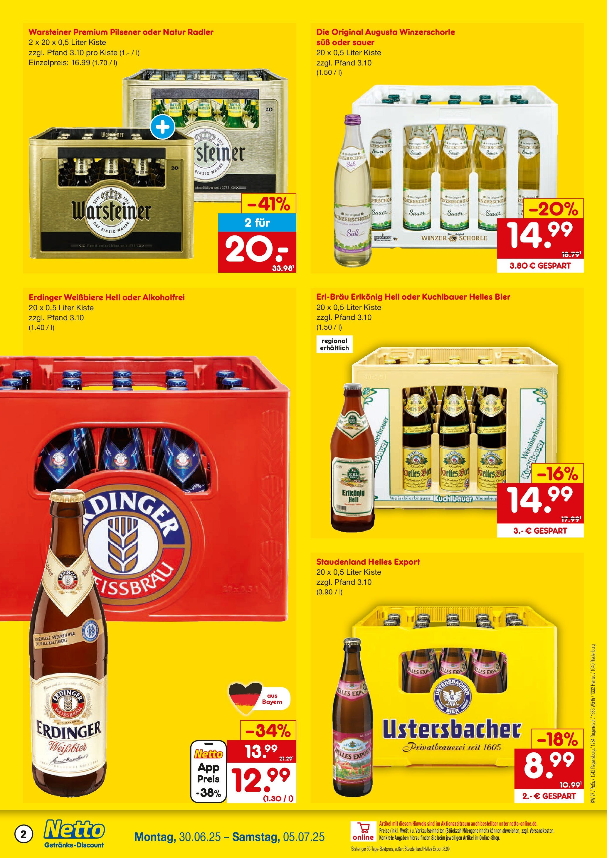 Netto Marken-Discount prospekt Riedenburg-Aicholding	 (ab 29.06.2025) » Angebote | Seite: 2 | Produkte: Erdinger, Bier, Weißbier, Warsteiner