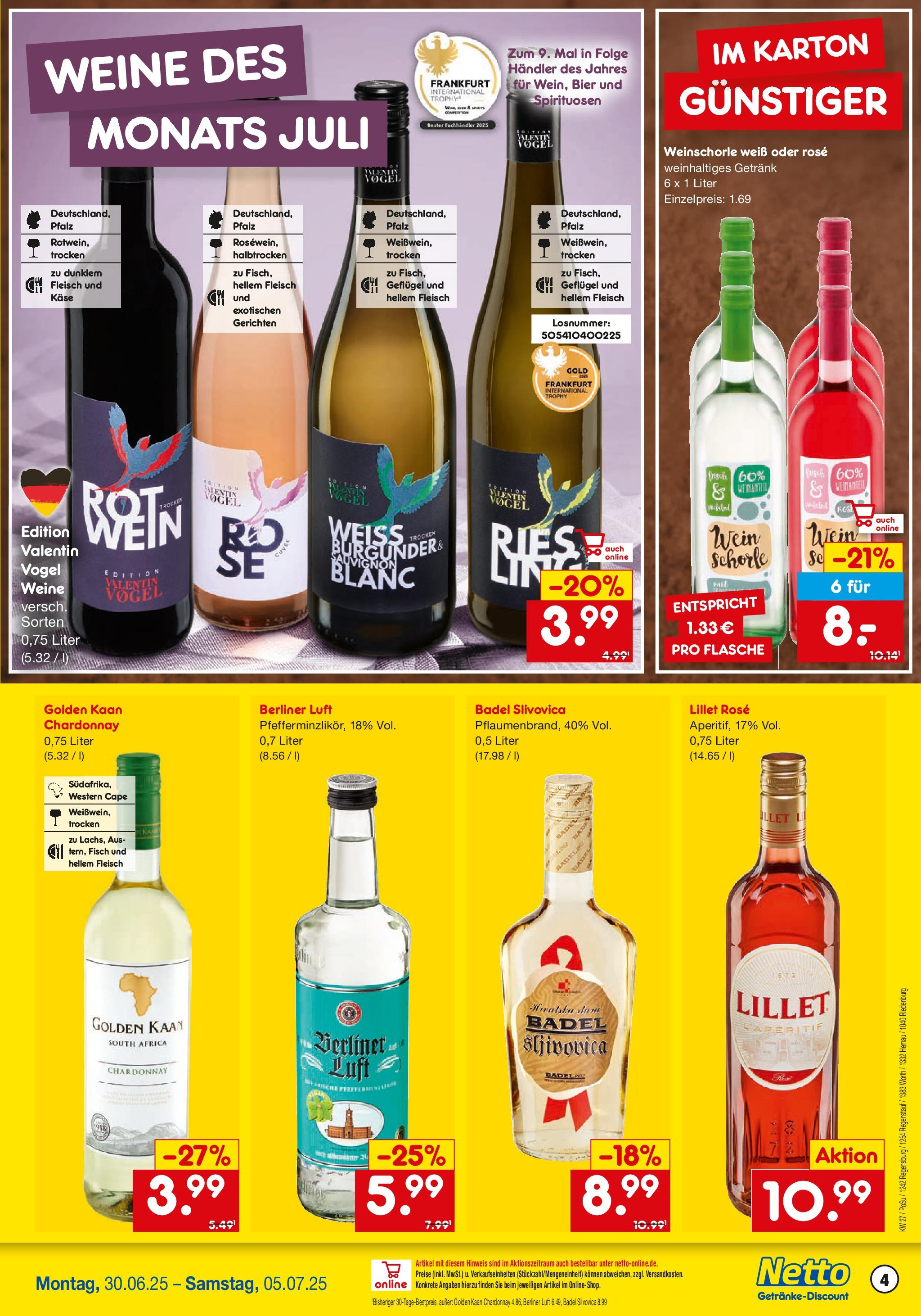 Netto Marken-Discount prospekt Riedenburg-Aicholding	 (ab 29.06.2025) » Angebote | Seite: 4 | Produkte: Berliner, Lillet, Wein, Fleisch