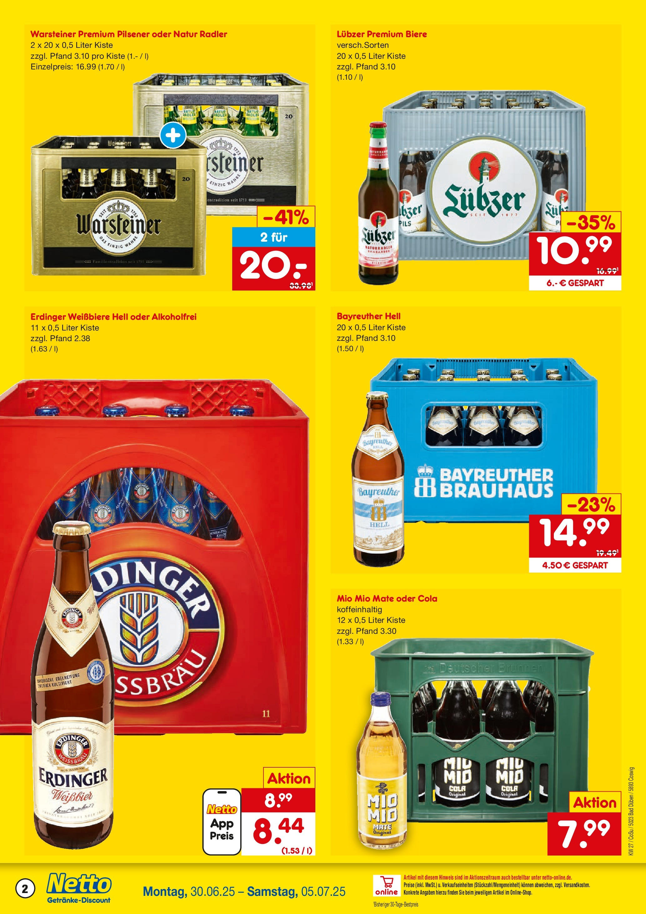 Netto Marken-Discount prospekt Bad Düben	 (ab 29.06.2025) » Angebote | Seite: 2 | Produkte: Bayreuther hell, Erdinger, Radler, Lubzer
