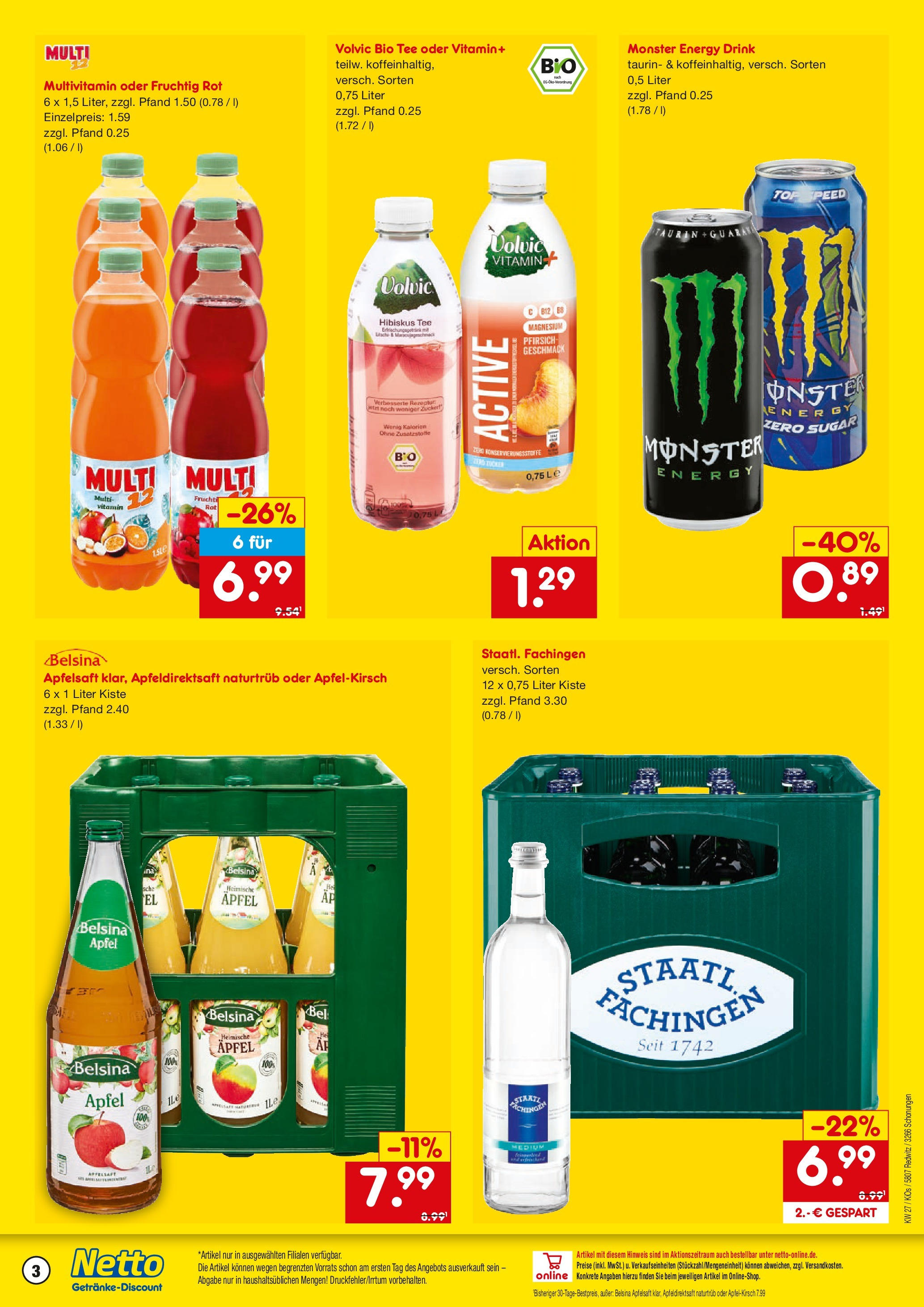 Netto Marken-Discount prospekt Schonungen	 (ab 29.06.2025) » Angebote | Seite: 3 | Produkte: Staatl fachingen, Apfelsaft, Apple, Monster
