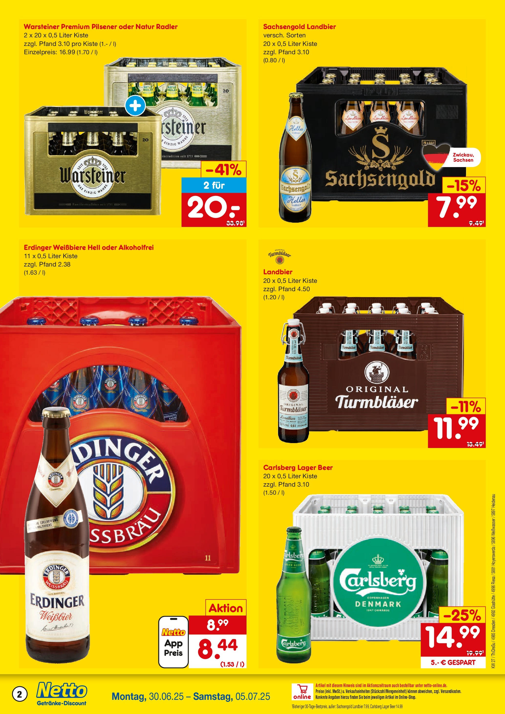 Netto Marken-Discount prospekt Hoyerswerda	 (ab 29.06.2025) » Angebote | Seite: 2 | Produkte: Erdinger, Carlsberg, Radler, Warsteiner