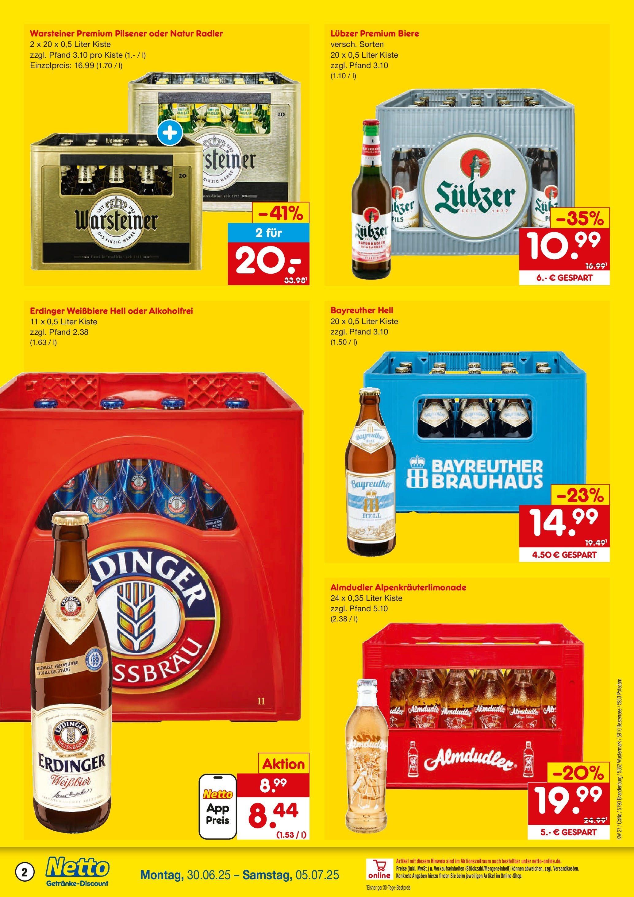 Netto Marken-Discount prospekt Potsdam	 (ab 29.06.2025) » Angebote | Seite: 2 | Produkte: Erdinger, Pils, Radler, Warsteiner