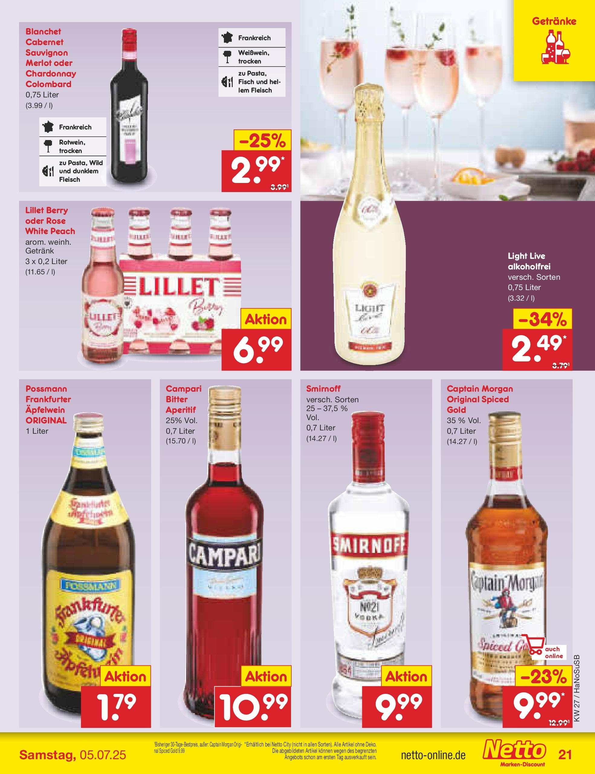 Netto Marken-Discount prospekt Schwerte-Geisecke	 (ab 29.06.2025) » Angebote | Seite: 25 | Produkte: Merlot, Lillet, Smirnoff, Captain morgan
