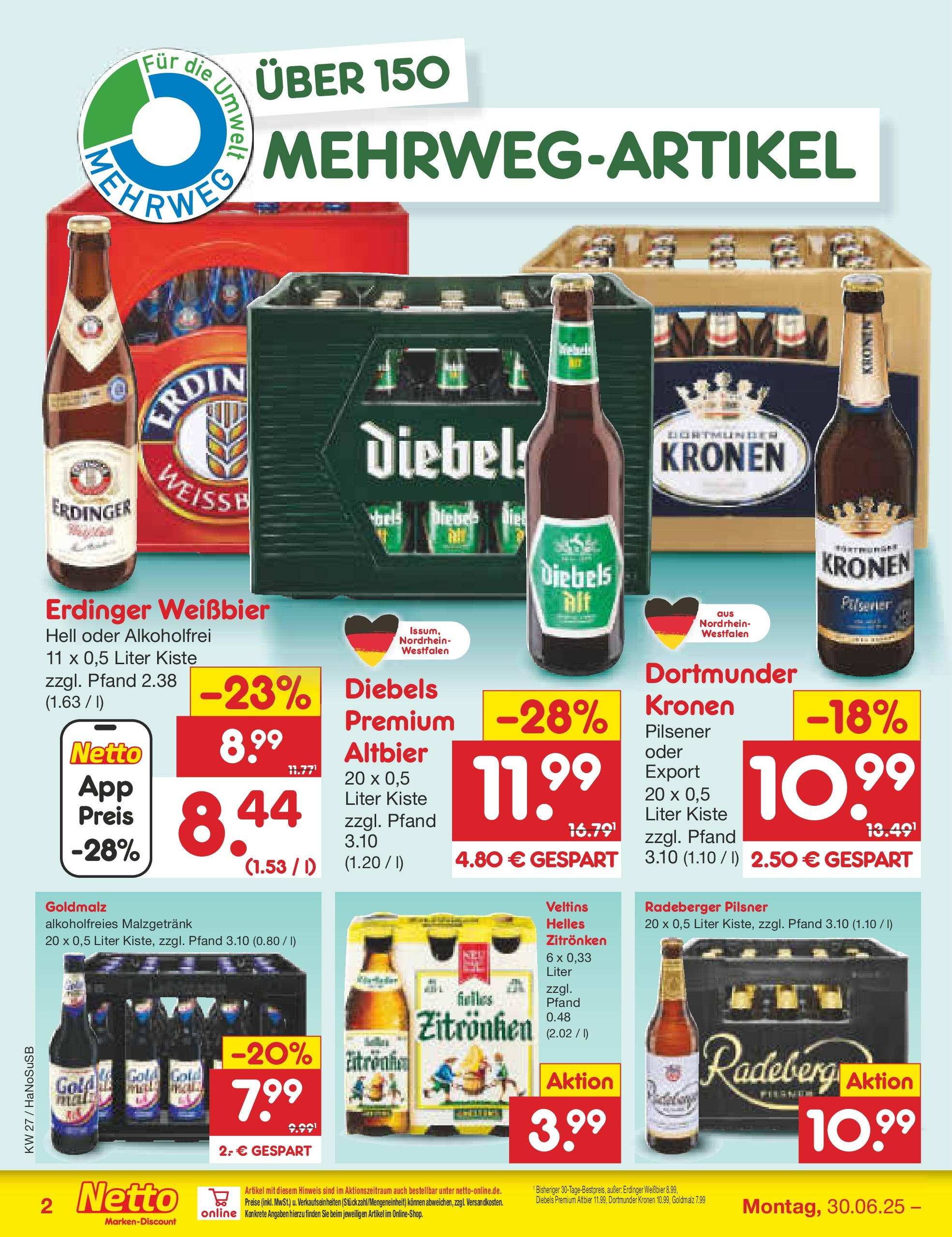 Netto Marken-Discount prospekt Schwerte-Geisecke	 (ab 29.06.2025) » Angebote | Seite: 30 | Produkte: Weißbier, Diebels, Radeberger pilsner, Veltins