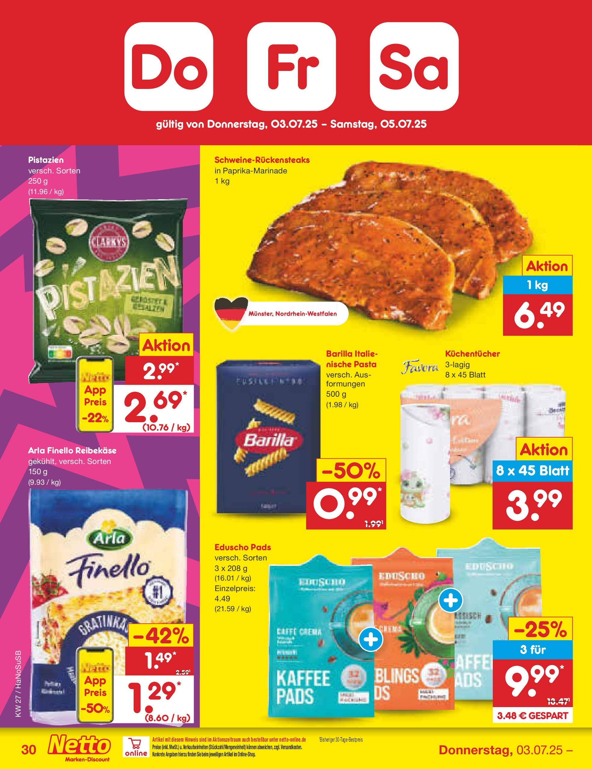Netto Marken-Discount prospekt Schwerte-Geisecke	 (ab 29.06.2025) » Angebote | Seite: 50 | Produkte: Pistazien, Pasta, Reibekase, Eduscho