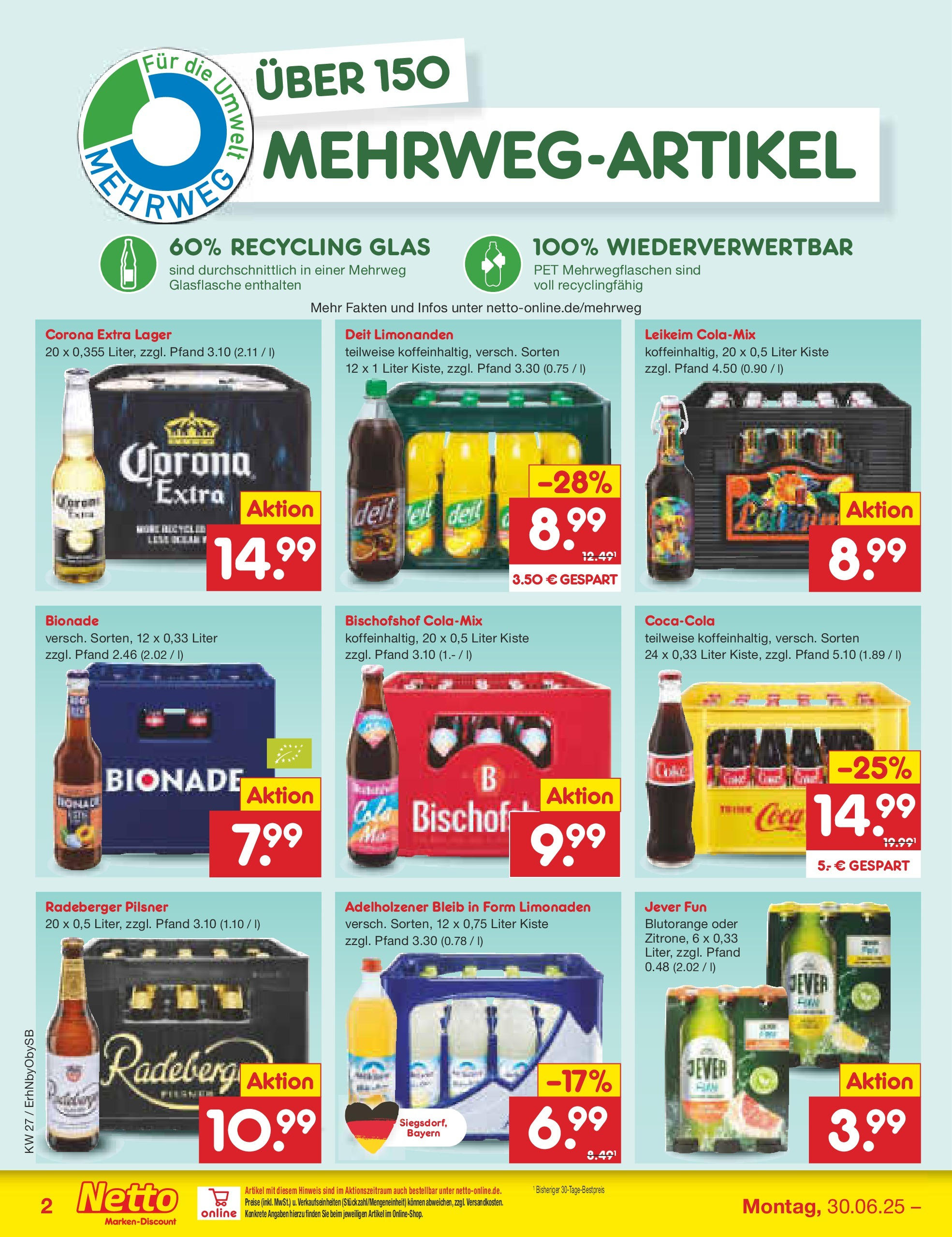 Netto Marken-Discount prospekt Mauern	 (ab 29.06.2025) » Angebote | Seite: 30 | Produkte: Cola, Bionade, Jever, Radeberger pilsner
