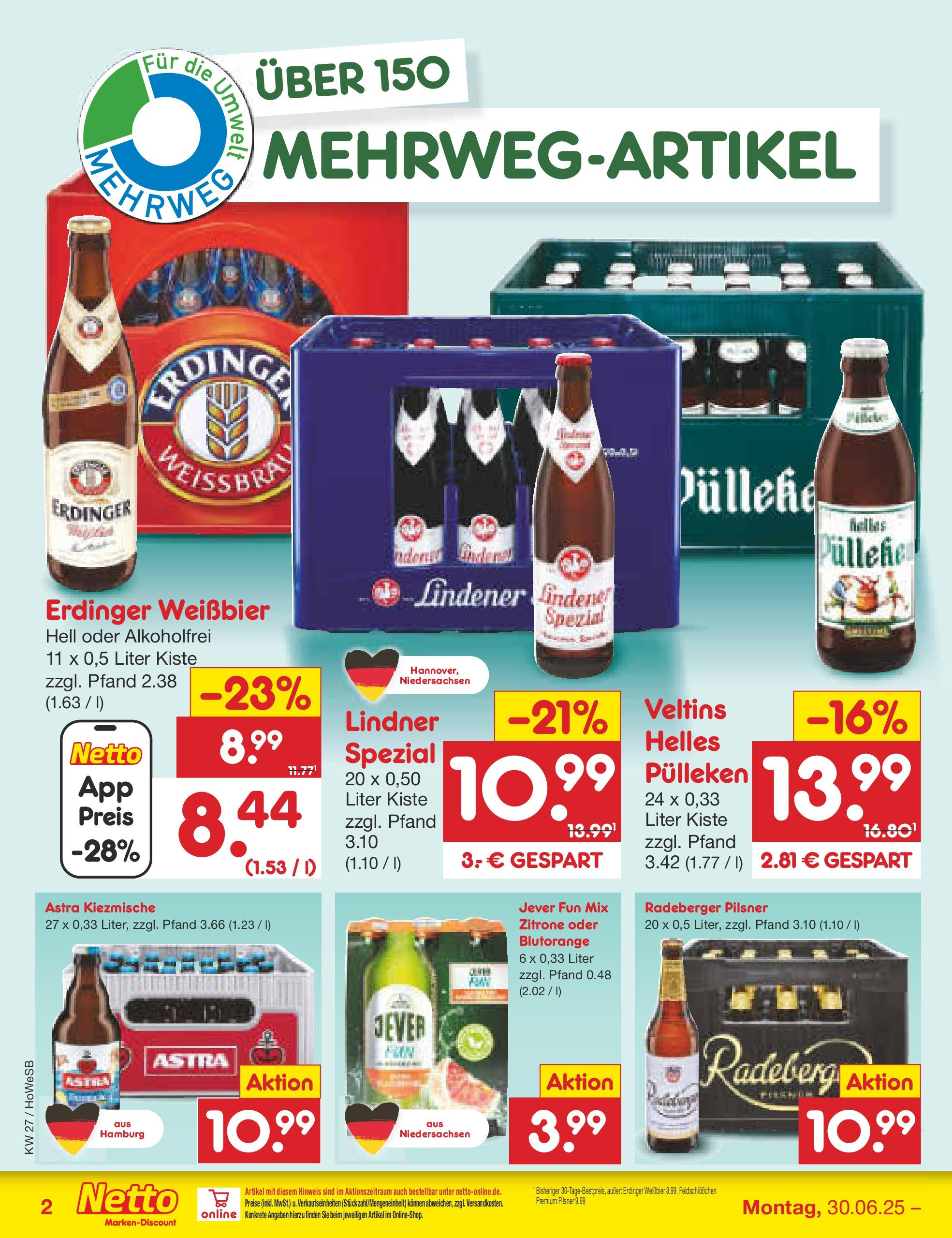 Netto Marken-Discount prospekt Hannover	 (ab 29.06.2025) » Angebote | Seite: 30 | Produkte: Helles pulleken, Erdinger, Astra, Radeberger pilsner