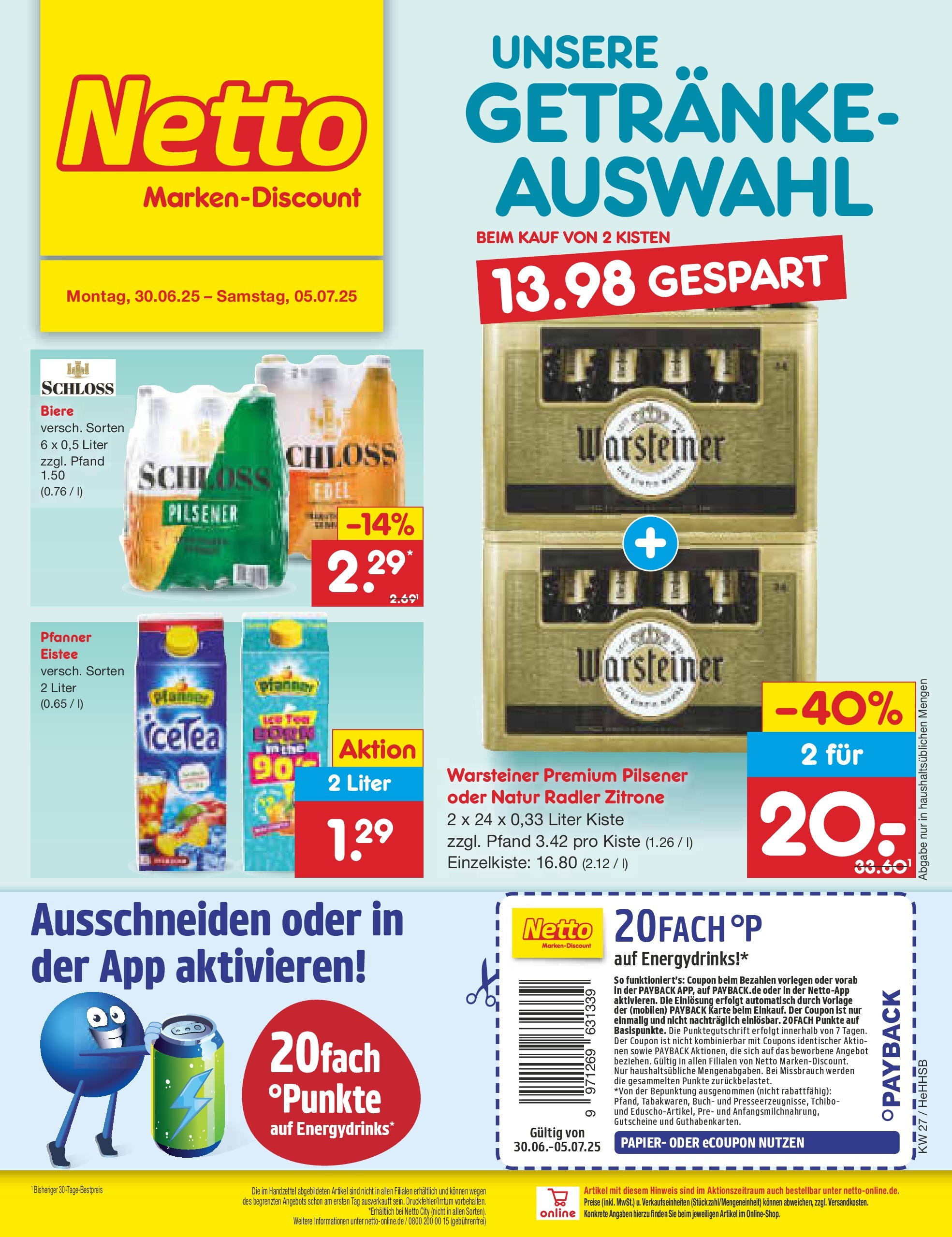 Netto Marken-Discount prospekt Hamburg	 (ab 29.06.2025) » Angebote | Seite: 28 | Produkte: Pfanner eistee, Radler, Warsteiner, Zitrone