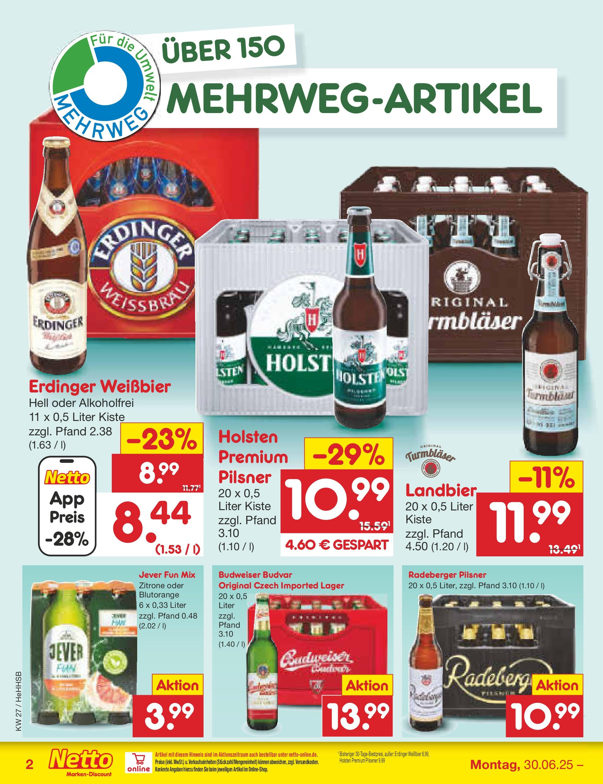 Netto Marken-Discount prospekt Hamburg	 (ab 29.06.2025) » Angebote | Seite: 30 | Produkte: Weißbier, Holsten, Zitrone, Budweiser