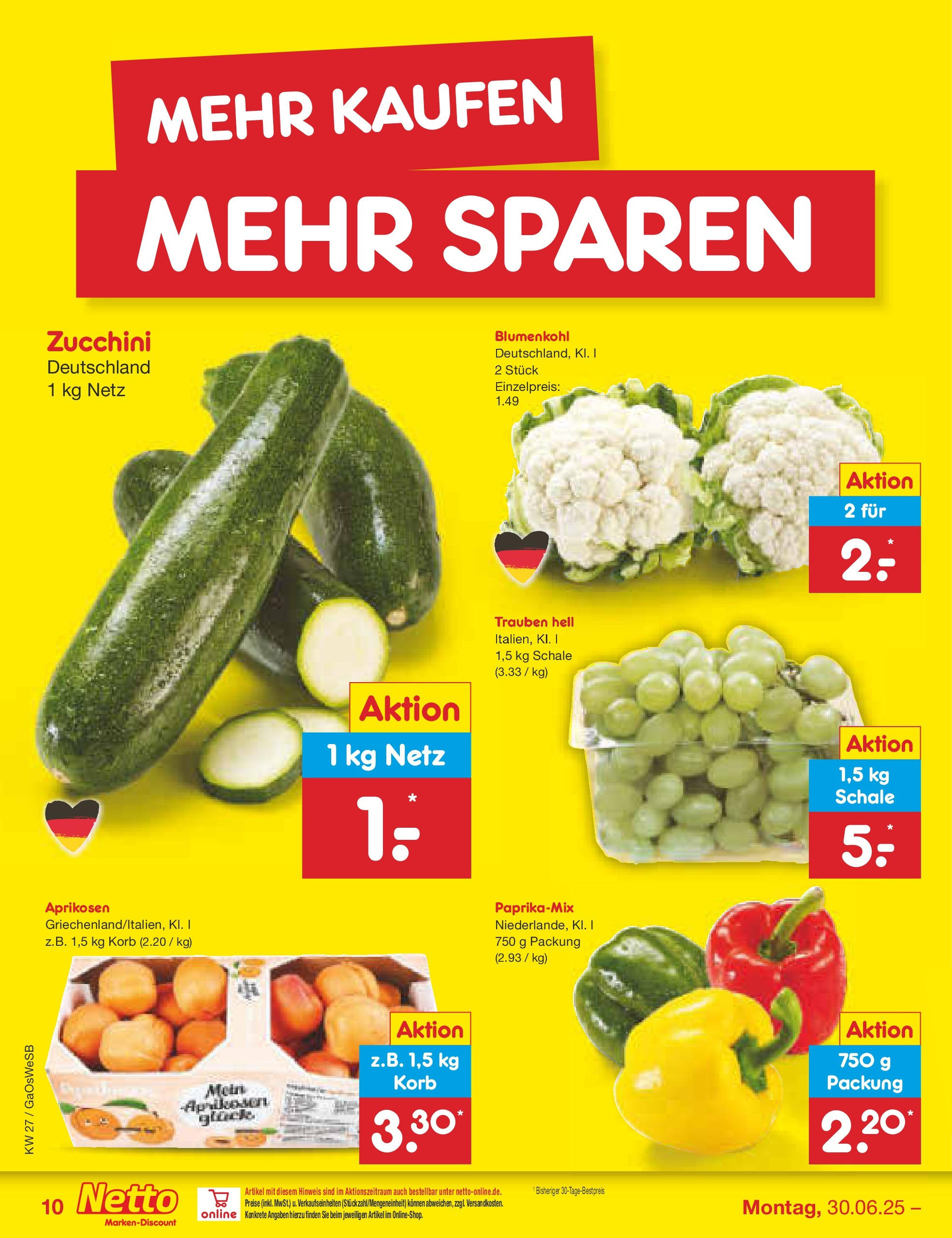 Netto Marken-Discount prospekt Bremen-Lesum	 (ab 29.06.2025) » Angebote | Seite: 12 | Produkte: Trauben, Korb, Blumenkohl, Zucchini