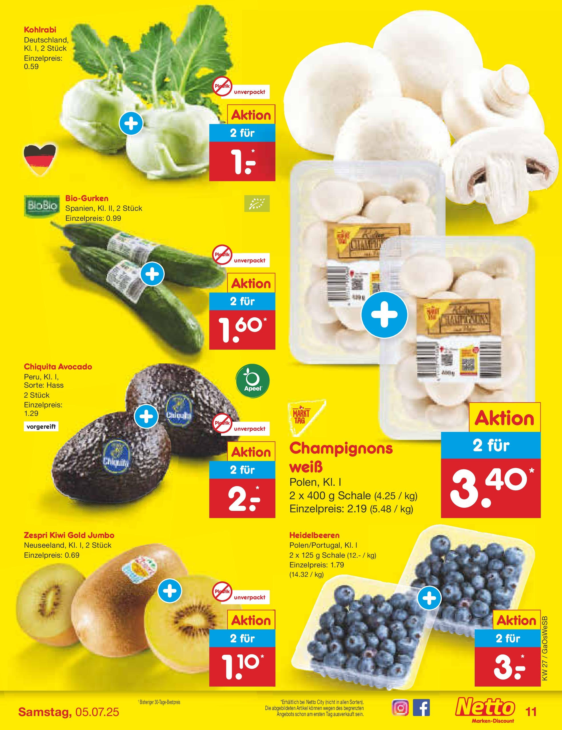 Netto Marken-Discount prospekt Bremen-Lesum	 (ab 29.06.2025) » Angebote | Seite: 13 | Produkte: Kohlrabi, Avocado, Champignons, Kiwi