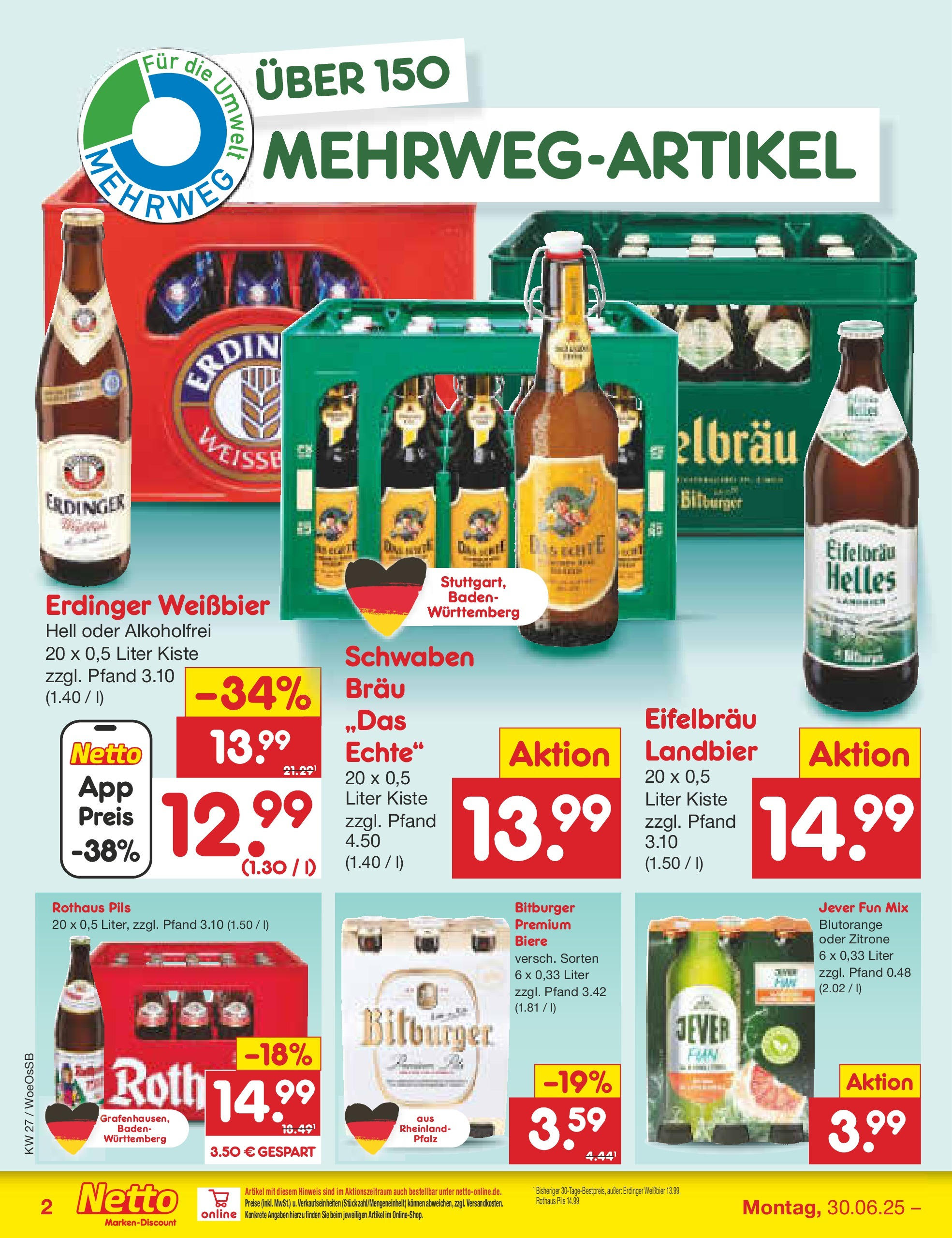 Netto Marken-Discount prospekt Gemmingen (ab 29.06.2025) » Angebote | Seite: 30 | Produkte: Bitburger, Erdinger, Weißbier, Jever Netto Marken-Discount prospekt Gemmingen (ab 29.06.2025) » Angebote | Seite: 30 | Produkte: Bitburger, Erdinger, Weißbier, Jever