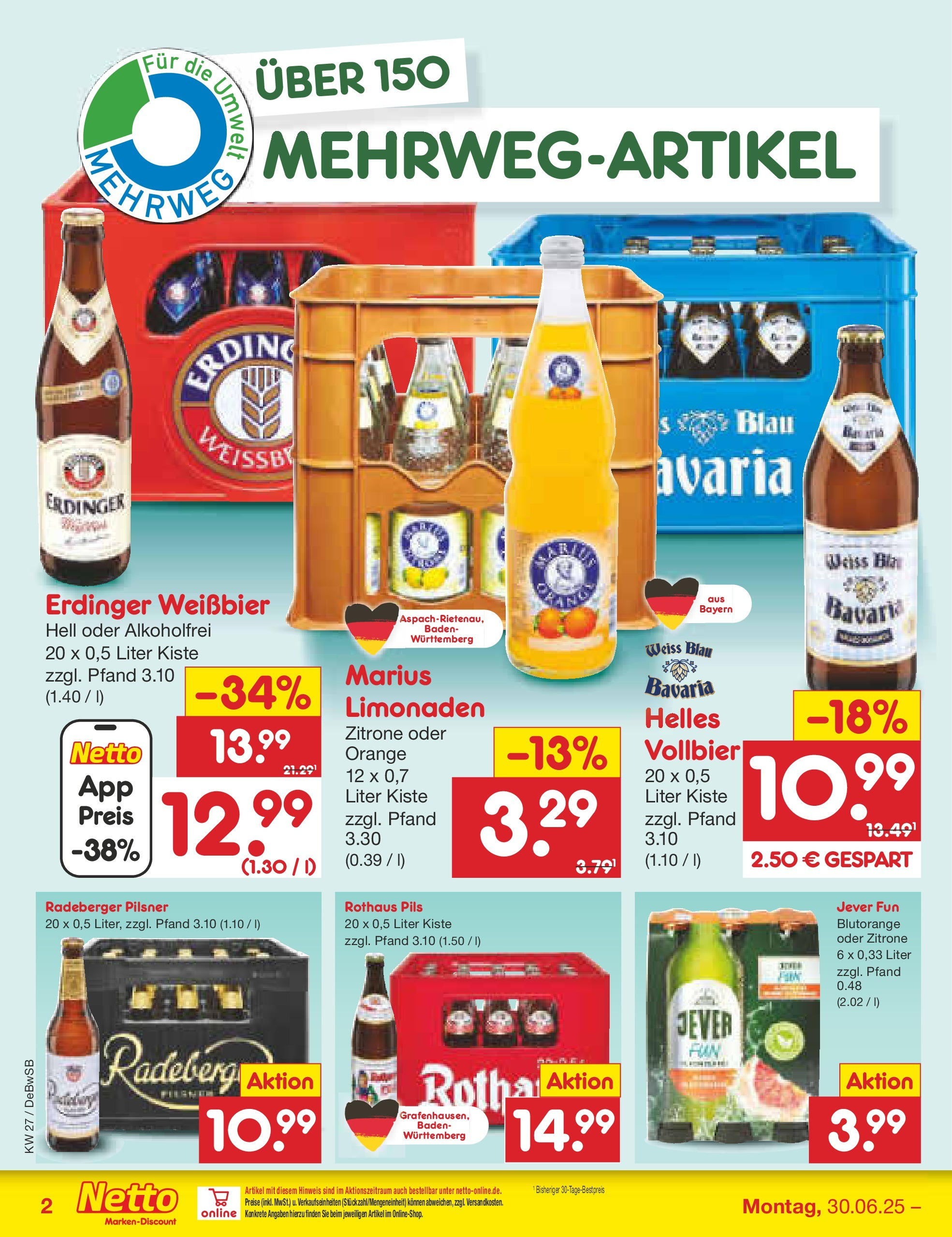 Netto Marken-Discount prospekt Waiblingen-Bittenfeld	 (ab 29.06.2025) » Angebote | Seite: 30 | Produkte: Erdinger, Weißbier, Zitrone, Jever