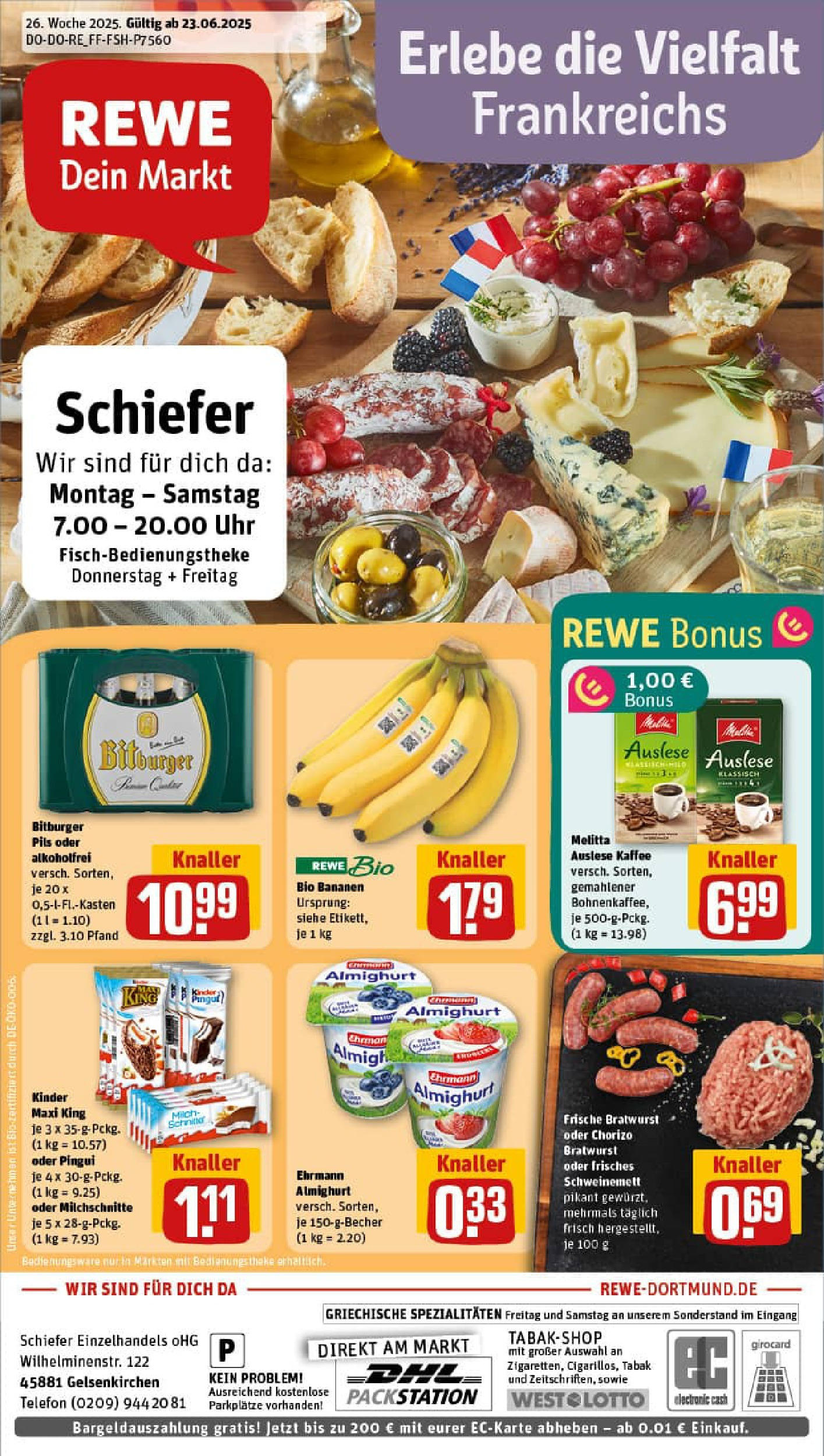 REWE Prospekt ab 22.06.2025 zum Blättern » Angebote | Seite: 1 | Produkte: Ehrmann almighurt, Kaffee, Bratwurst, Uhr