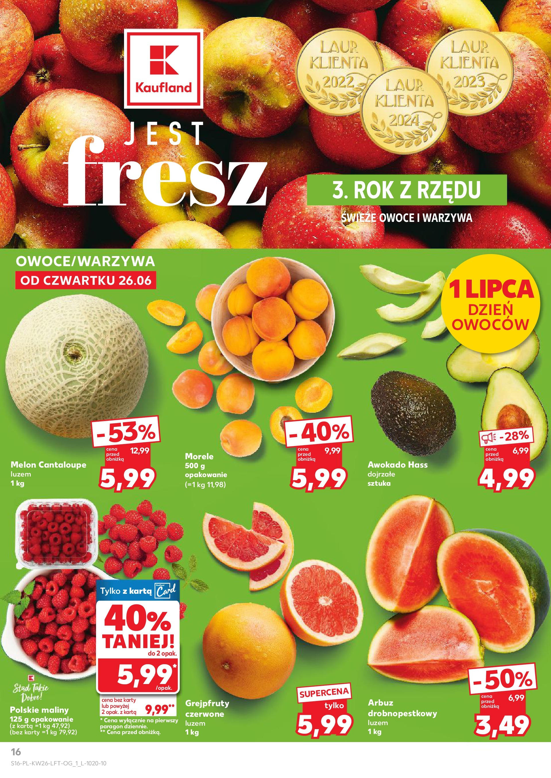 Kaufland gazetka od 26.06.2025 - od jutra PDF | Strona: 16 | Produkty: Karta, Melon, Morele, Owoce