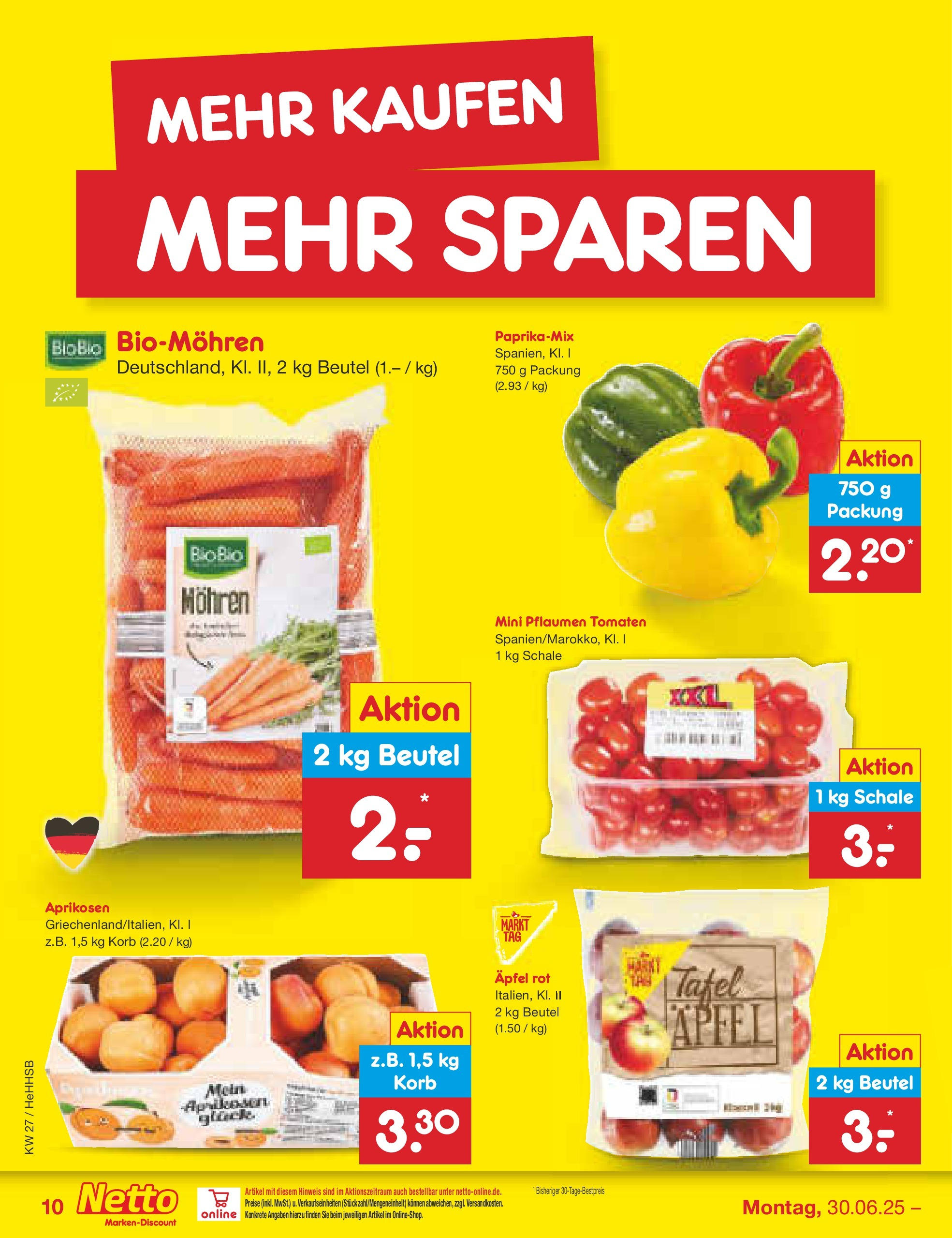 Netto Marken-Discount prospekt Hamburg	 (ab 29.06.2025) » Angebote | Seite: 12 | Produkte: Pflaumen, Korb, Äpfel, Mohren