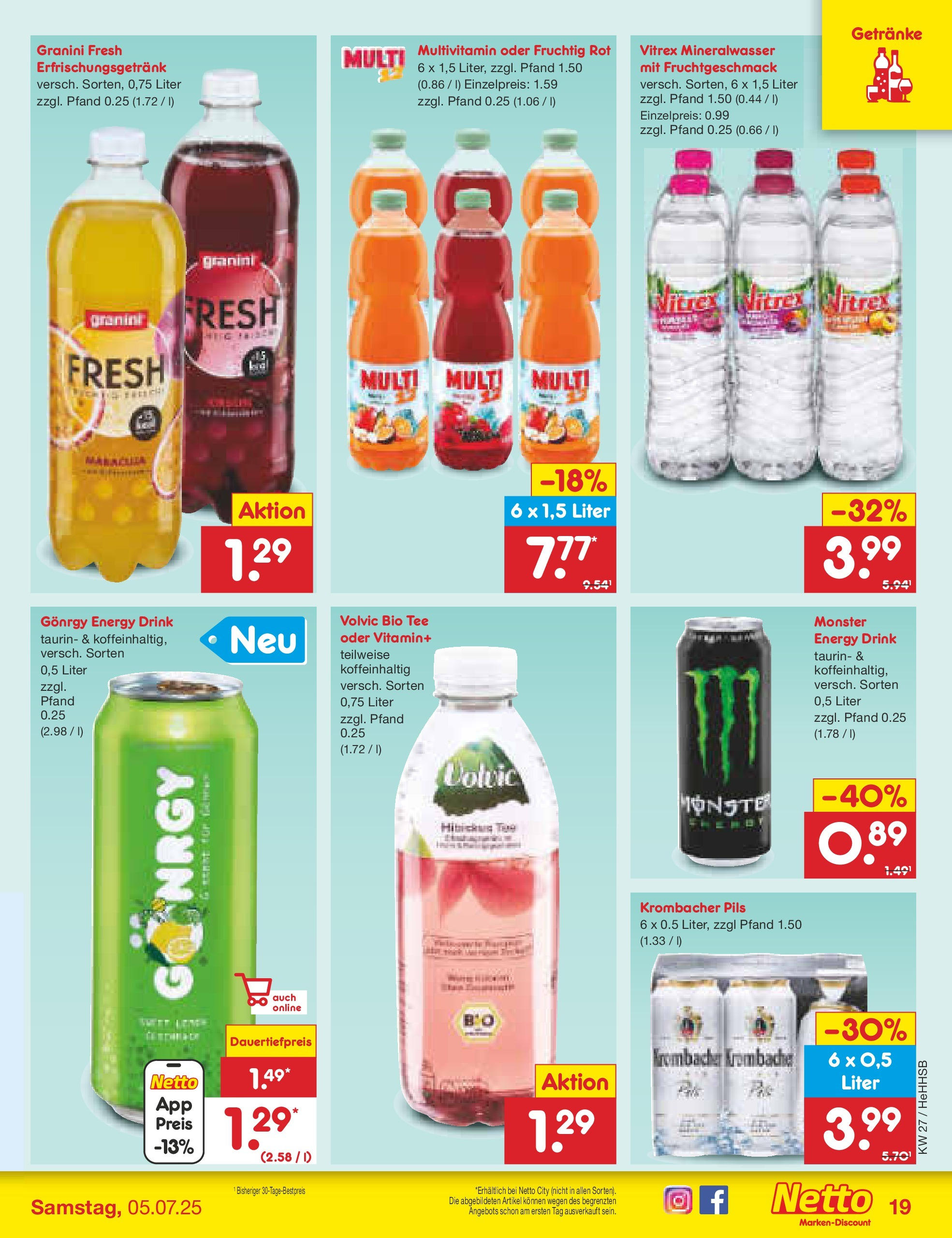 Netto Marken-Discount prospekt Hamburg	 (ab 29.06.2025) » Angebote | Seite: 23 | Produkte: Energy, Mineralwasser, Krombacher, Volvic