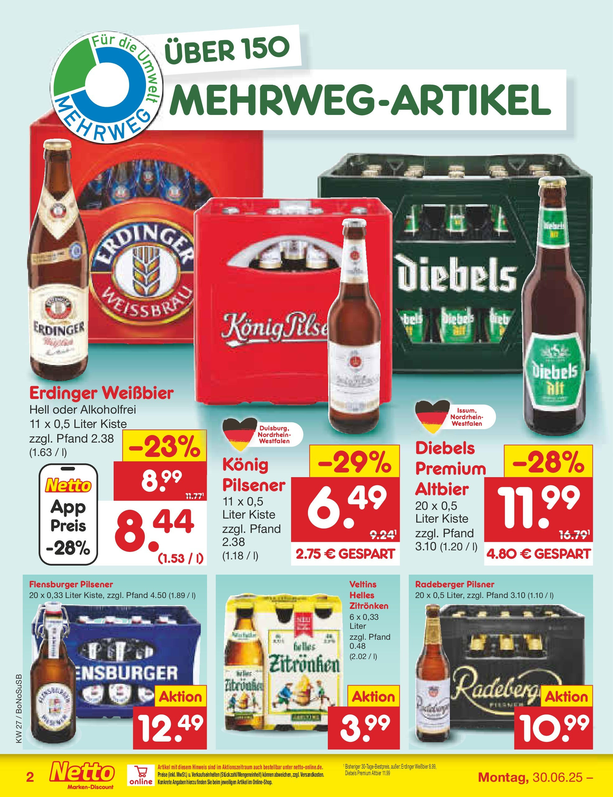 Netto Marken-Discount prospekt Stadtlohn	 (ab 29.06.2025) » Angebote | Seite: 30 | Produkte: Erdinger, Weißbier, Diebels, Radeberger pilsner