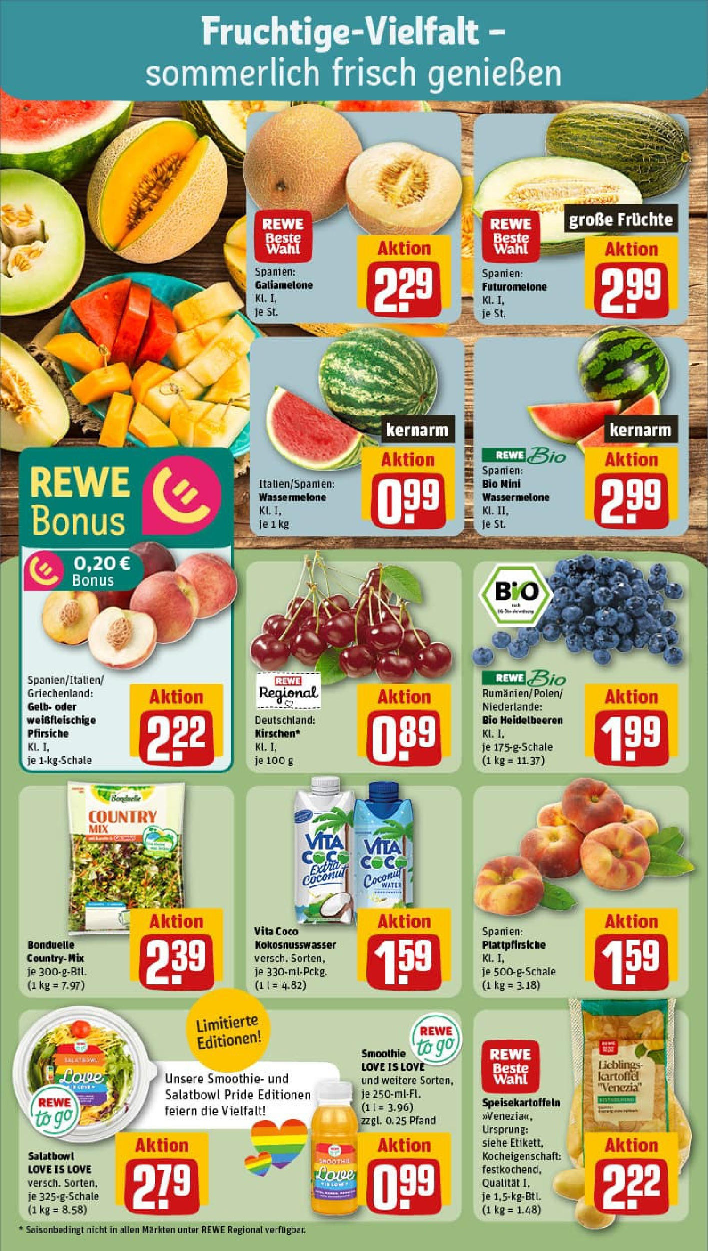 REWE Prospekt ab 29.06.2025 zum Blättern » Angebote | Seite: 8 | Produkte: Kirschen, Heidelbeeren, Wassermelone