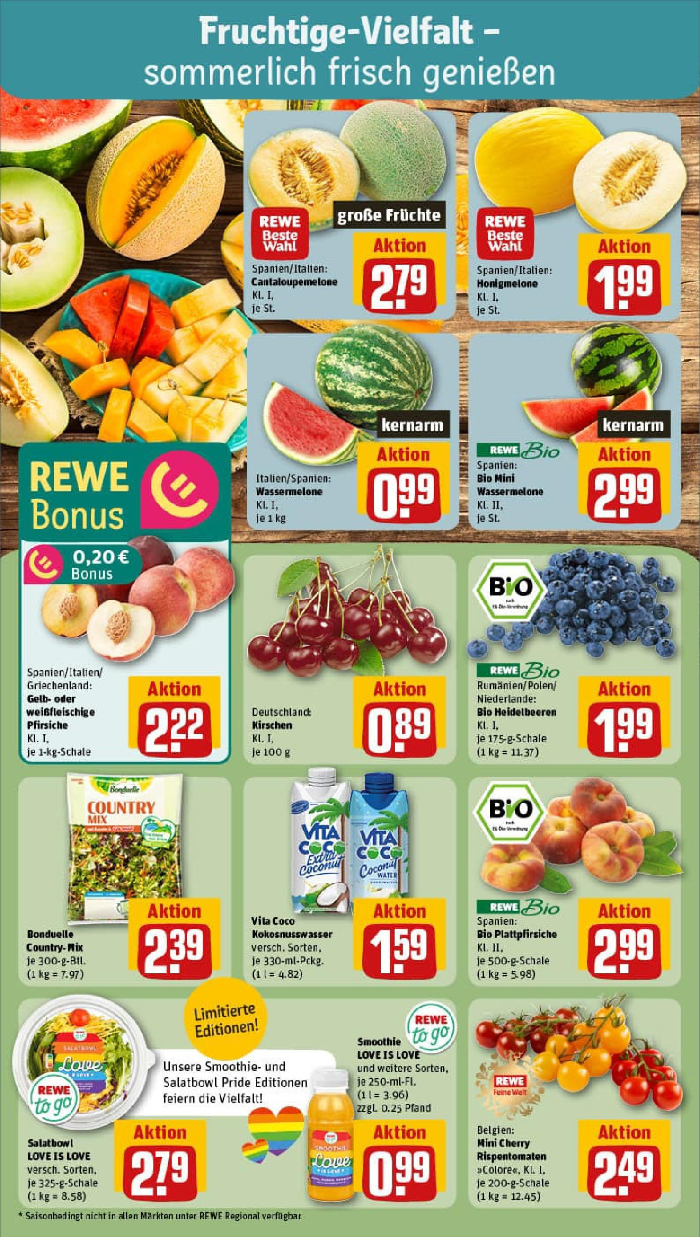 REWE Prospekt ab 29.06.2025 zum Blättern » Angebote | Seite: 8 | Produkte: Kirschen, Heidelbeeren, Honigmelone, Wassermelone