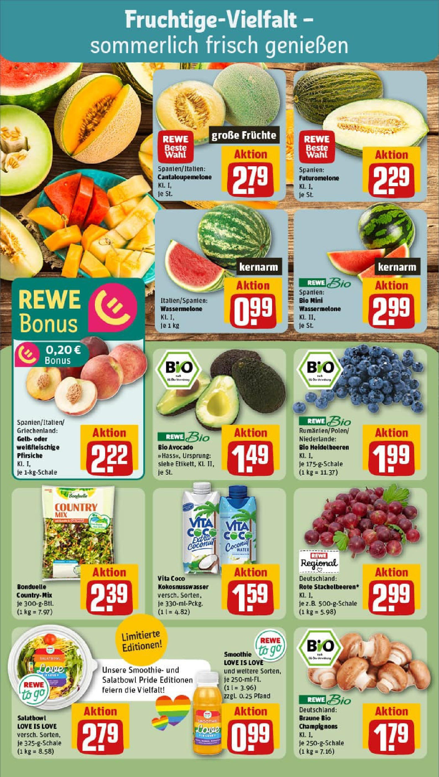 REWE Prospekt ab 29.06.2025 zum Blättern » Angebote | Seite: 8 | Produkte: Heidelbeeren, Avocado, Champignons, Wassermelone