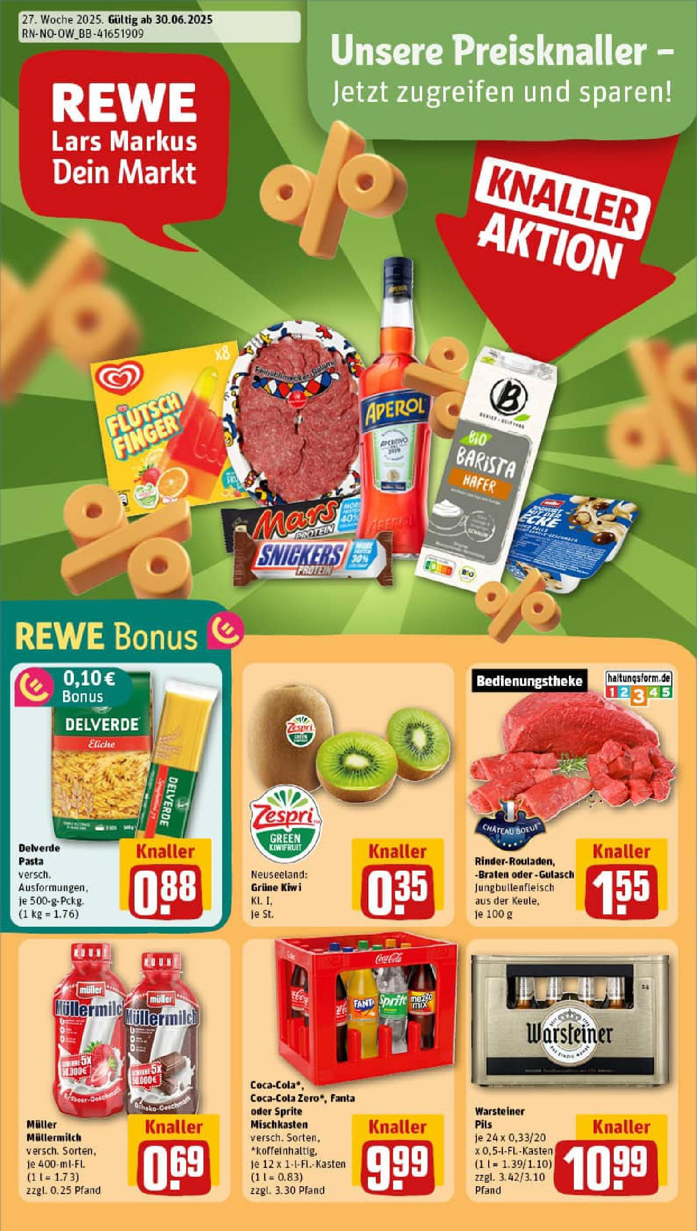REWE Prospekt ab 29.06.2025 zum Blättern » Angebote | Seite: 1 | Produkte: Snickers, Warsteiner, Pasta, Aperol