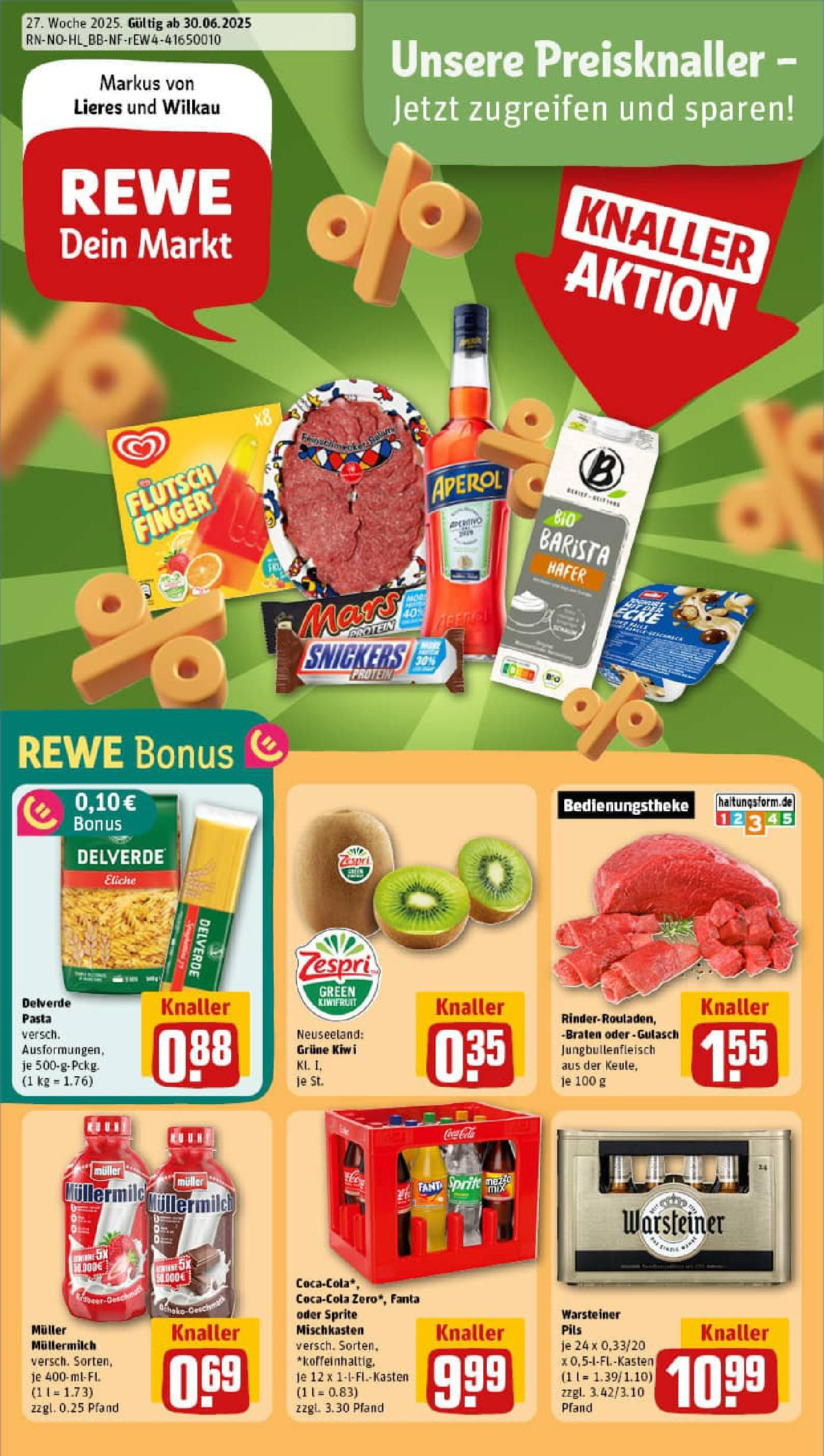 REWE Prospekt ab 29.06.2025 zum Blättern » Angebote | Seite: 1 | Produkte: Fanta, Snickers, Warsteiner, Aperol