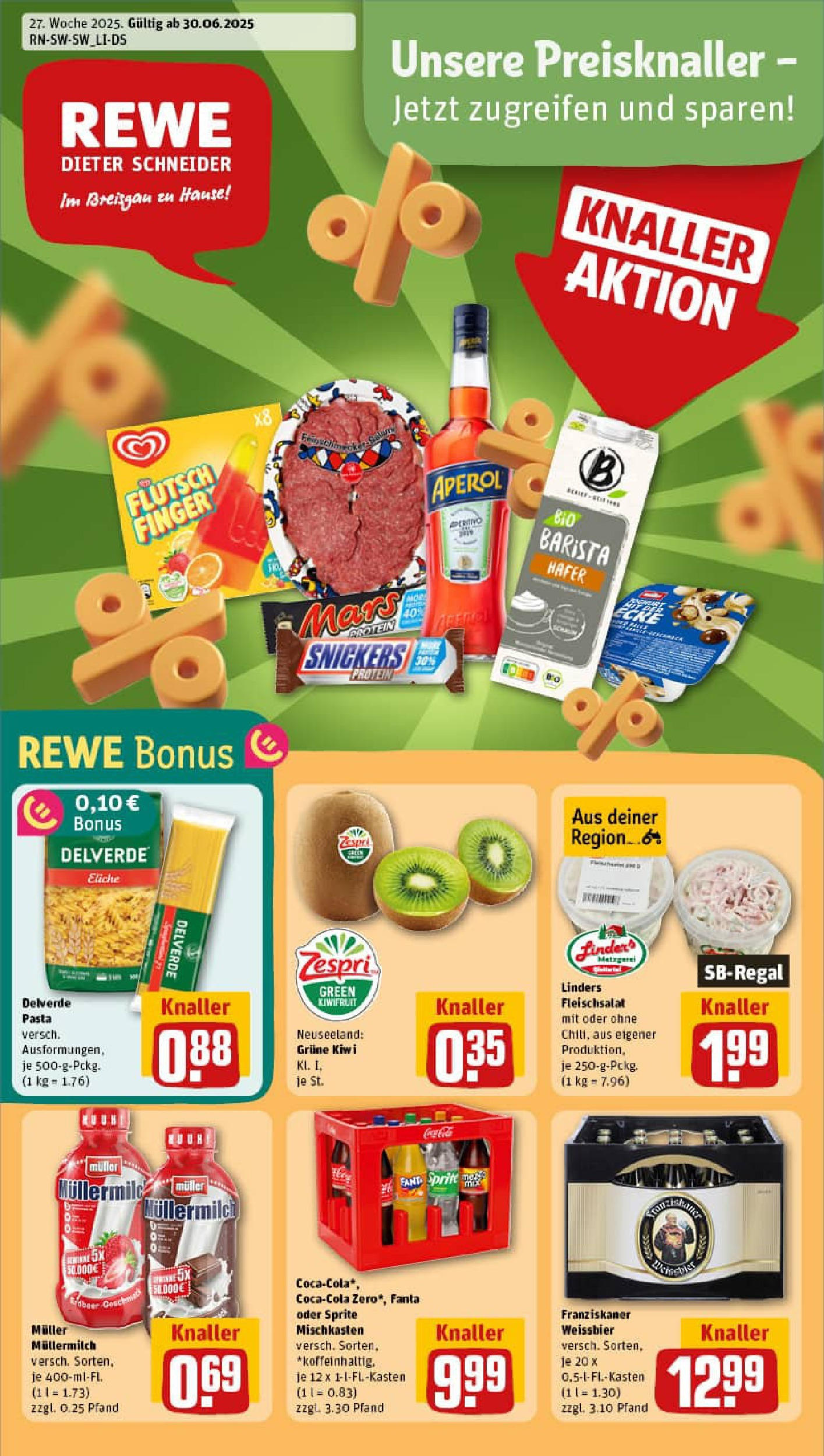 REWE Prospekt ab 29.06.2025 zum Blättern » Angebote | Seite: 1 | Produkte: Franziskaner, Aperol, Kiwi, Muller mullermilch