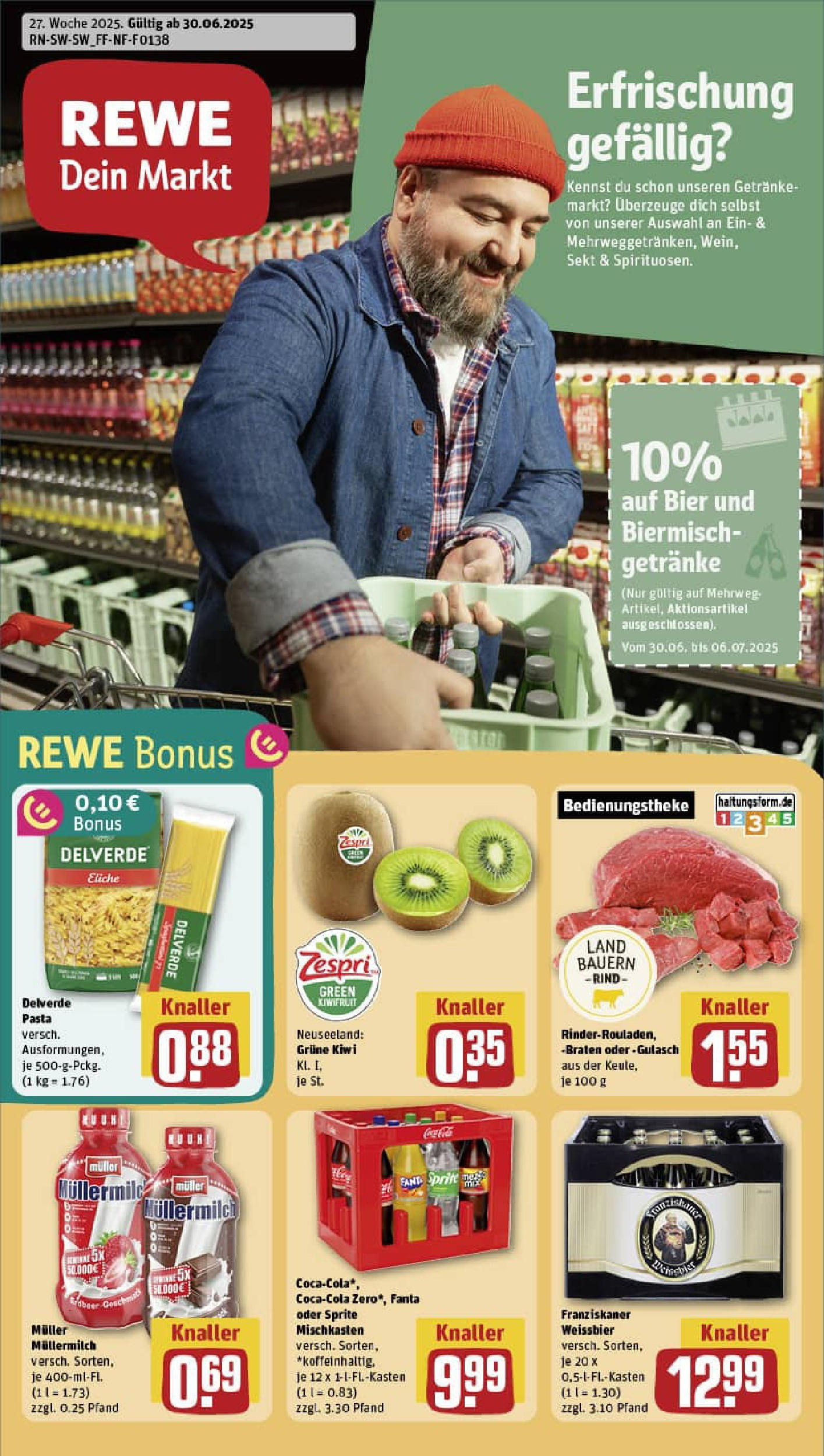 REWE Prospekt ab 29.06.2025 zum Blättern » Angebote | Seite: 1 | Produkte: Franziskaner, Fanta, Kiwi, Muller mullermilch