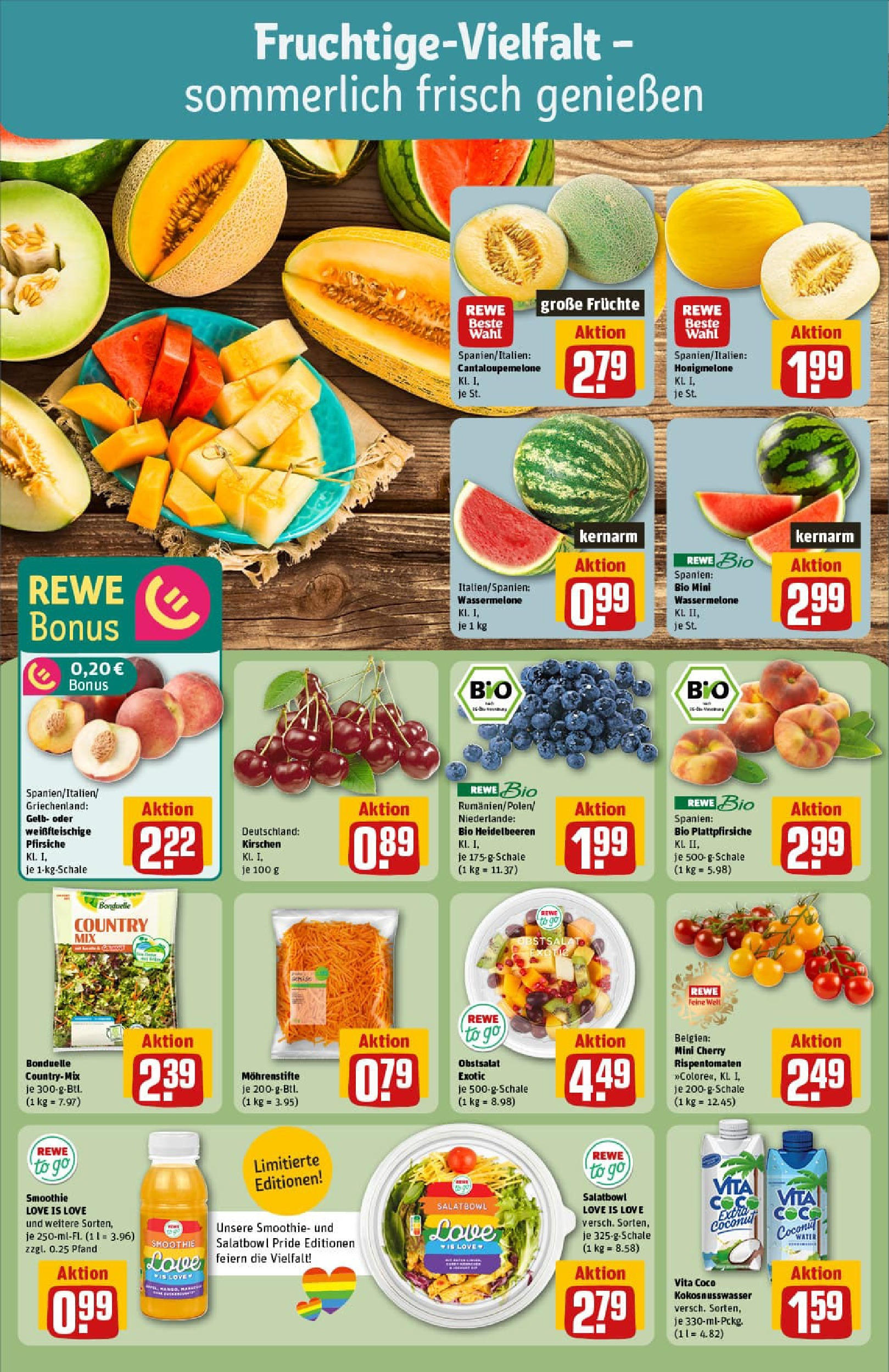REWE Prospekt ab 29.06.2025 zum Blättern » Angebote | Seite: 8 | Produkte: Kirschen, Heidelbeeren, Honigmelone, Wassermelone