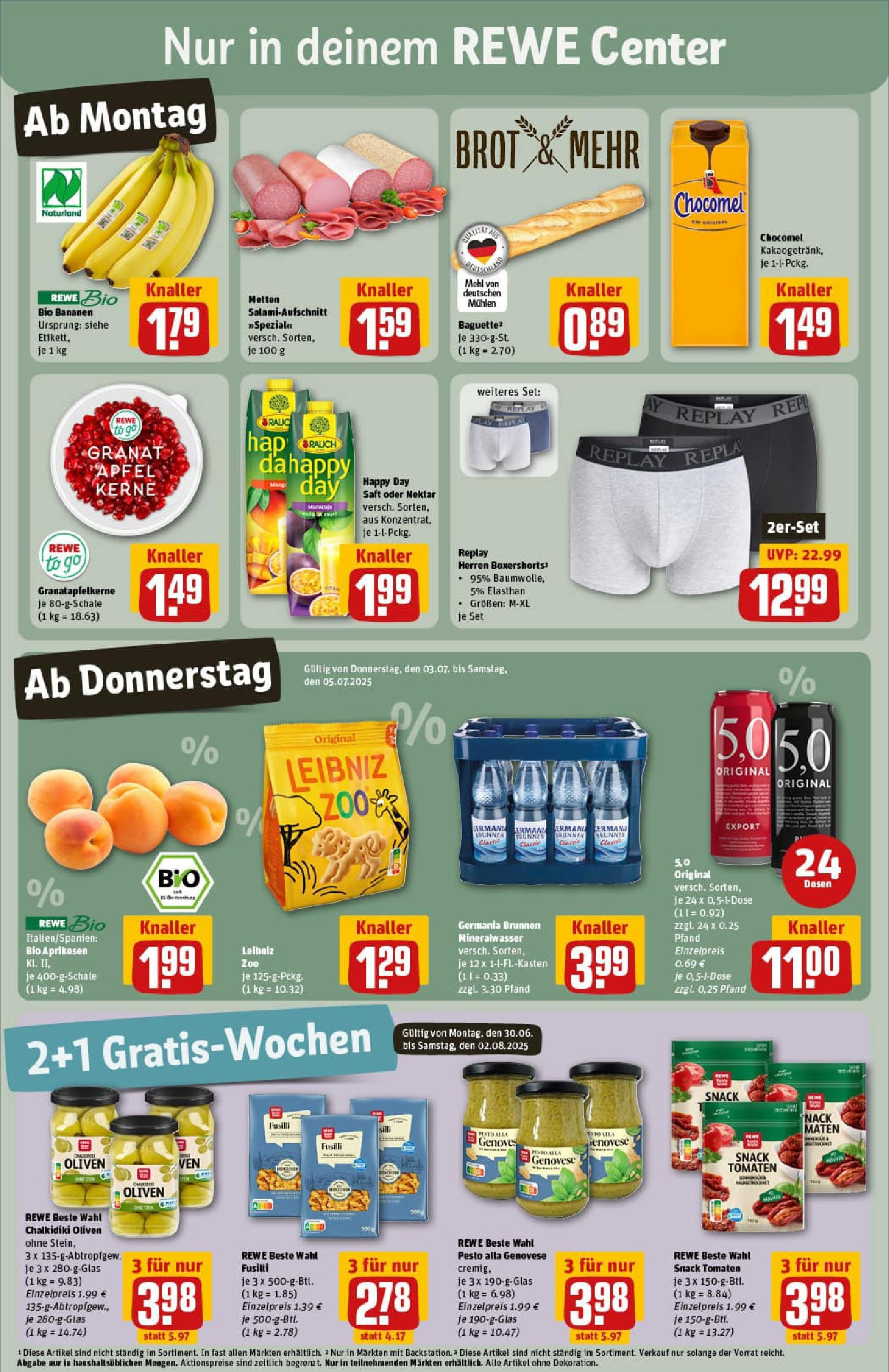 REWE Prospekt ab 29.06.2025 zum Blättern » Angebote | Seite: 3 | Produkte: Bananen, Mineralwasser, Brot, Saft