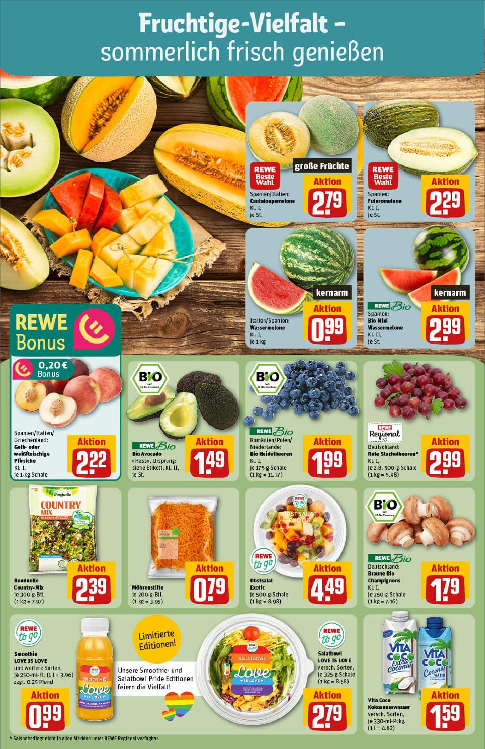 REWE Prospekt ab 29.06.2025 zum Blättern » Angebote | Seite: 8 | Produkte: Heidelbeeren, Avocado, Champignons, Wassermelone