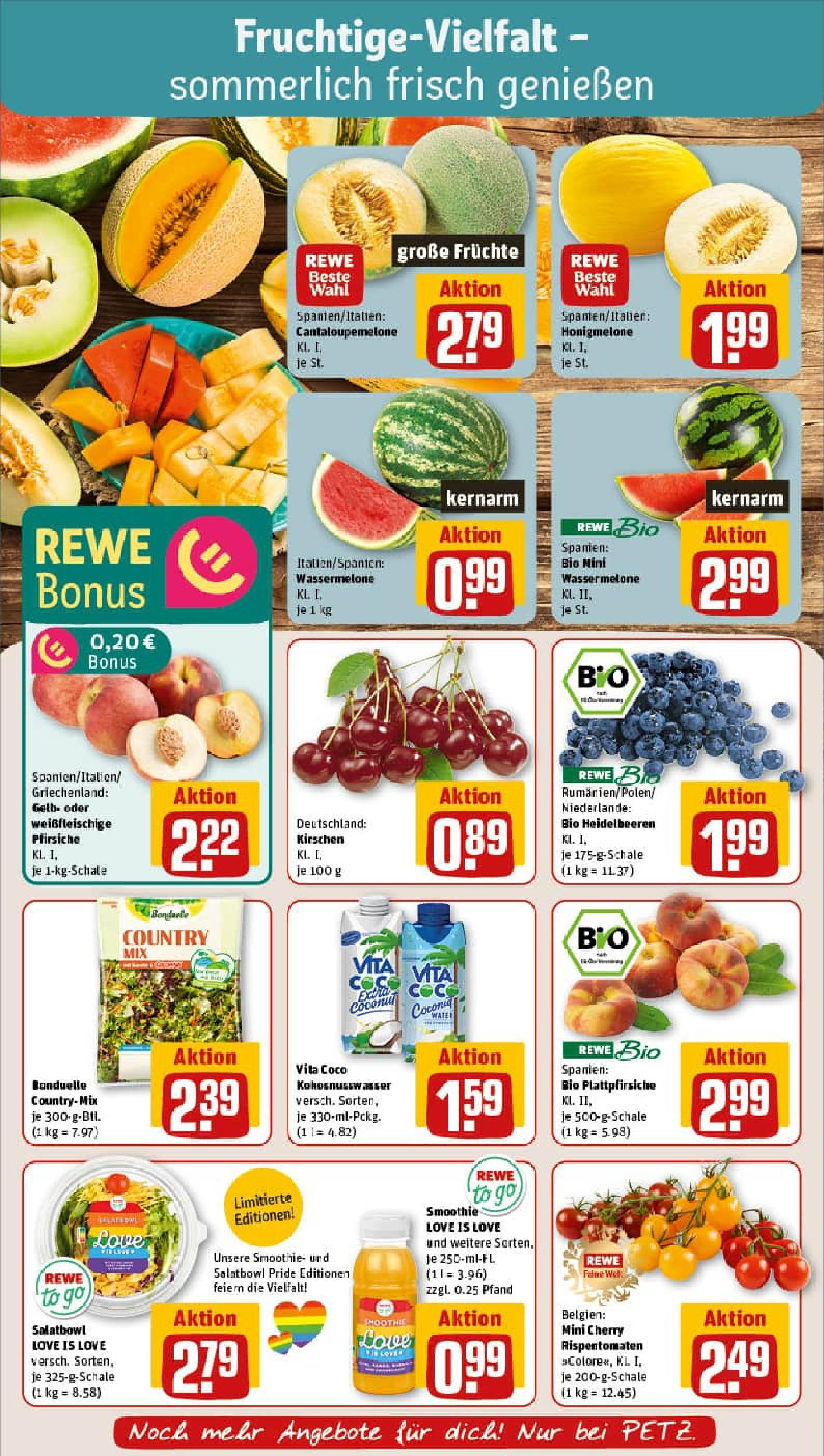 REWE Prospekt ab 29.06.2025 zum Blättern » Angebote | Seite: 8 | Produkte: Kirschen, Heidelbeeren, Honigmelone, Wassermelone