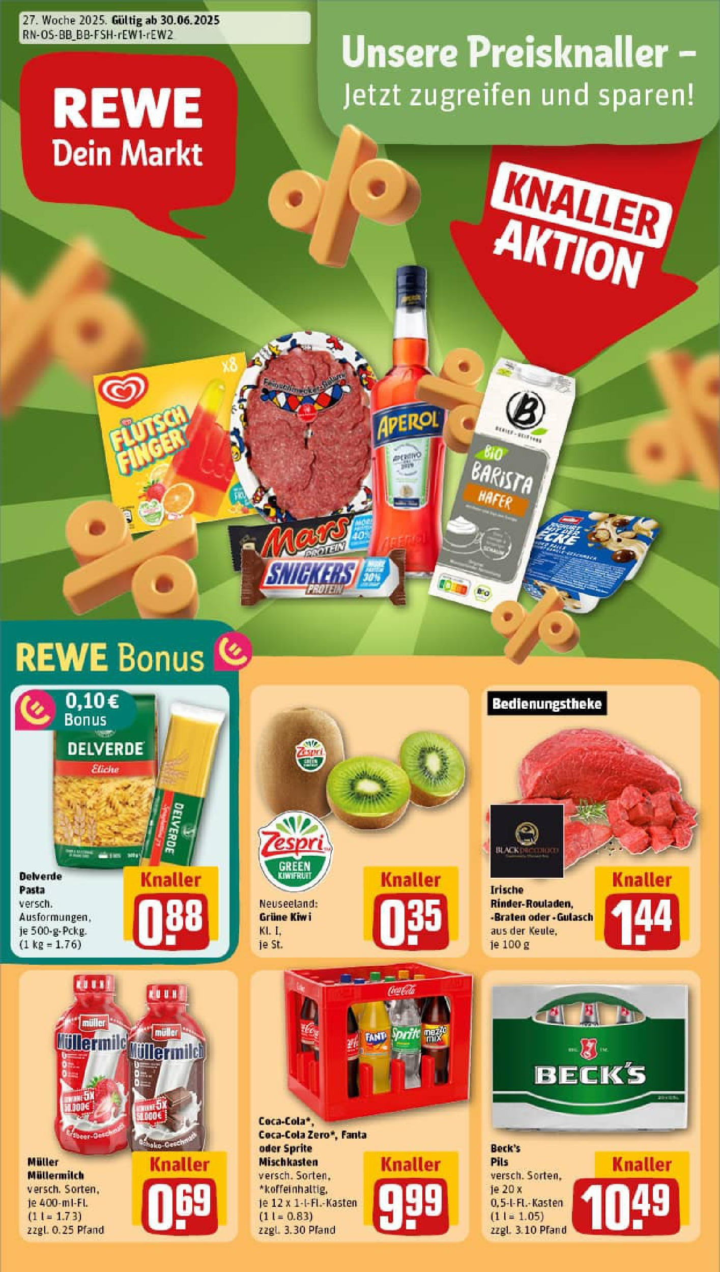 REWE Prospekt ab 29.06.2025 zum Blättern » Angebote | Seite: 1 | Produkte: Pasta, Aperol, Kiwi, Muller mullermilch