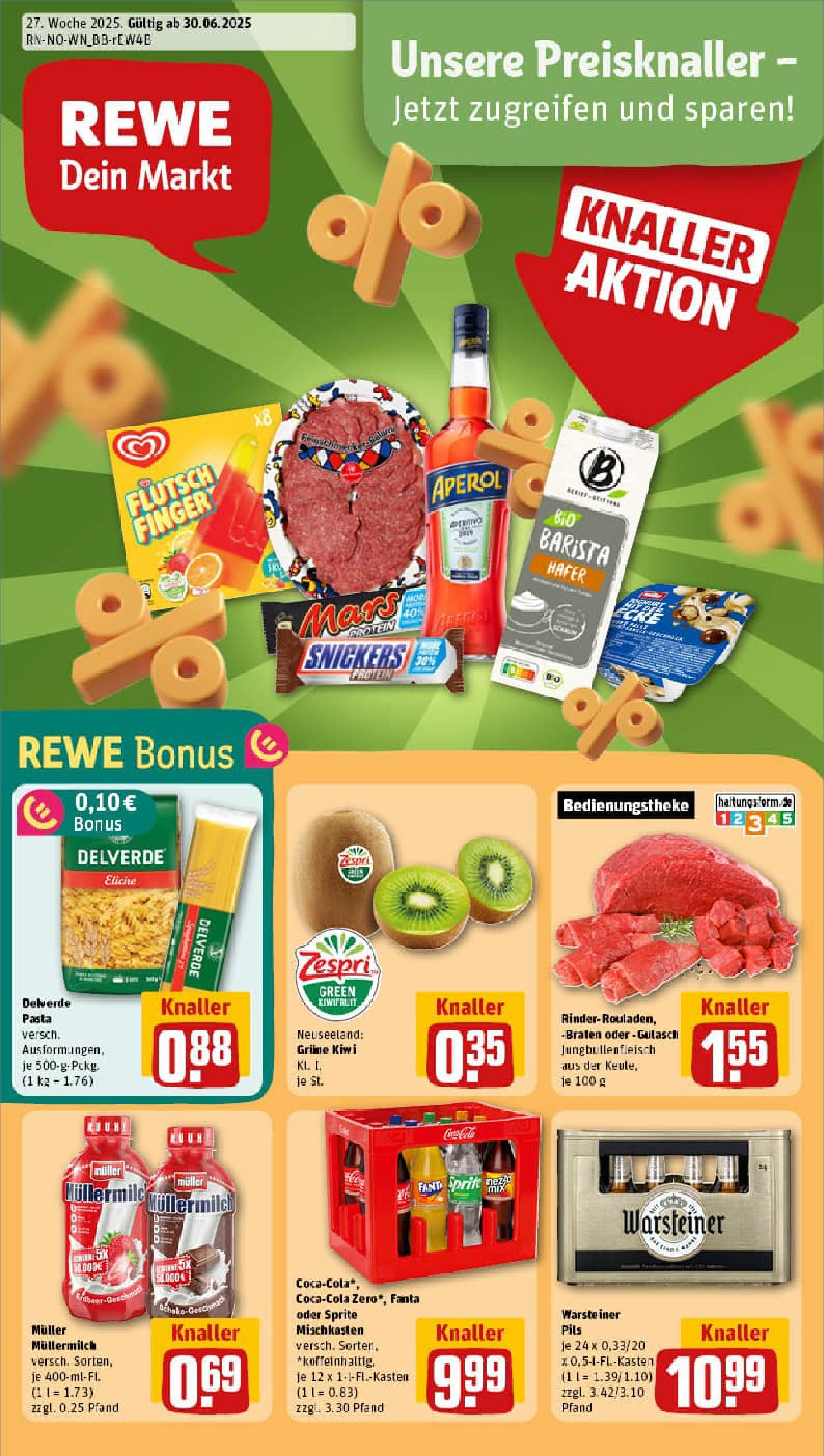 REWE Prospekt ab 29.06.2025 zum Blättern » Angebote | Seite: 1 | Produkte: Gulasch, Warsteiner, Aperol, Kiwi