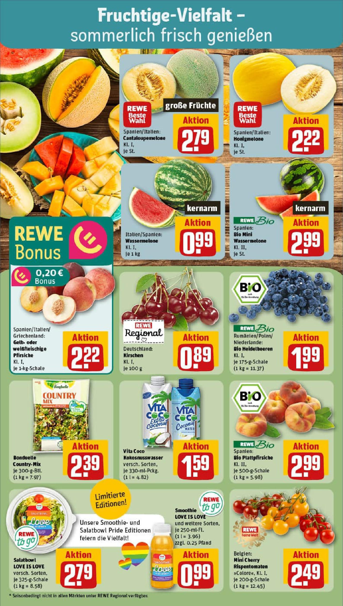 REWE Prospekt ab 29.06.2025 zum Blättern » Angebote | Seite: 4 | Produkte: Kirschen, Heidelbeeren, Honigmelone, Wassermelone