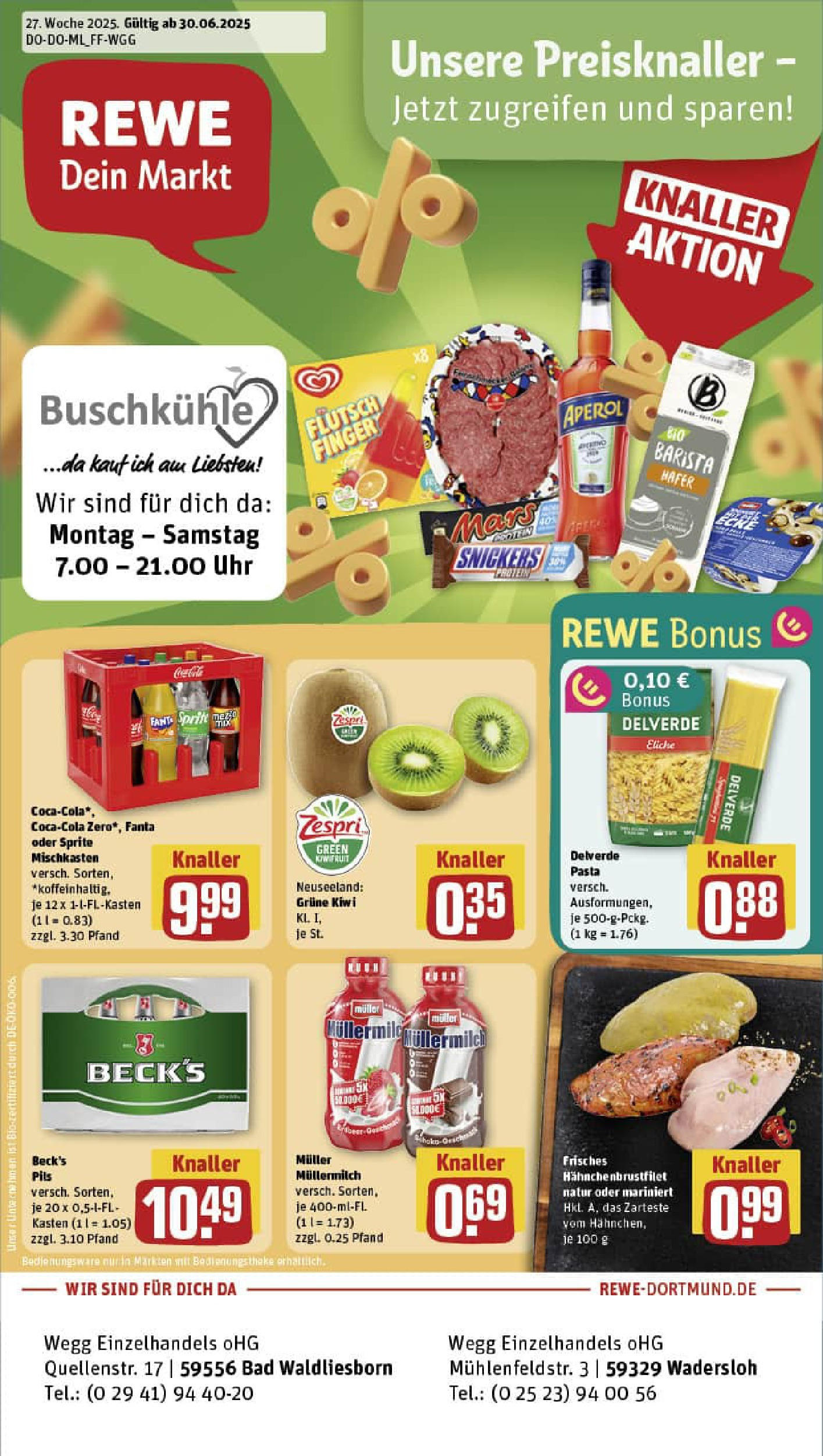 REWE Prospekt ab 29.06.2025 zum Blättern » Angebote | Seite: 1 | Produkte: Bad, Pasta, Muller mullermilch, Uhr