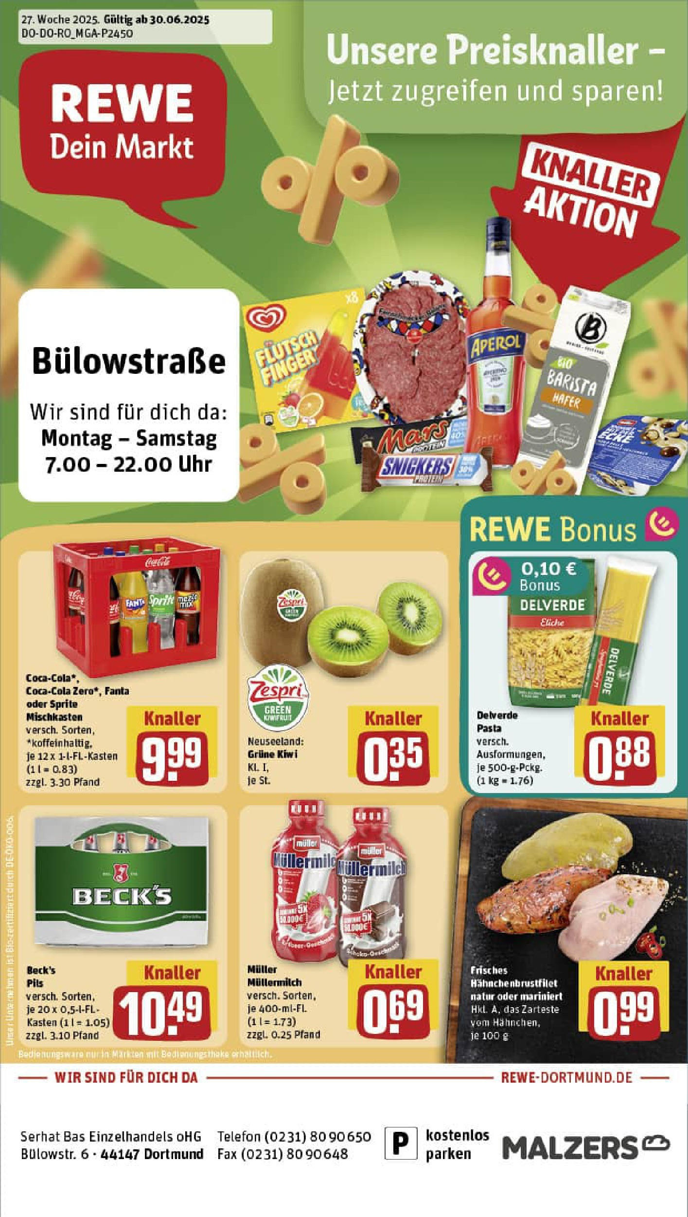 REWE Prospekt ab 29.06.2025 zum Blättern » Angebote | Seite: 1 | Produkte: Pils, Snickers, Kiwi, Uhr