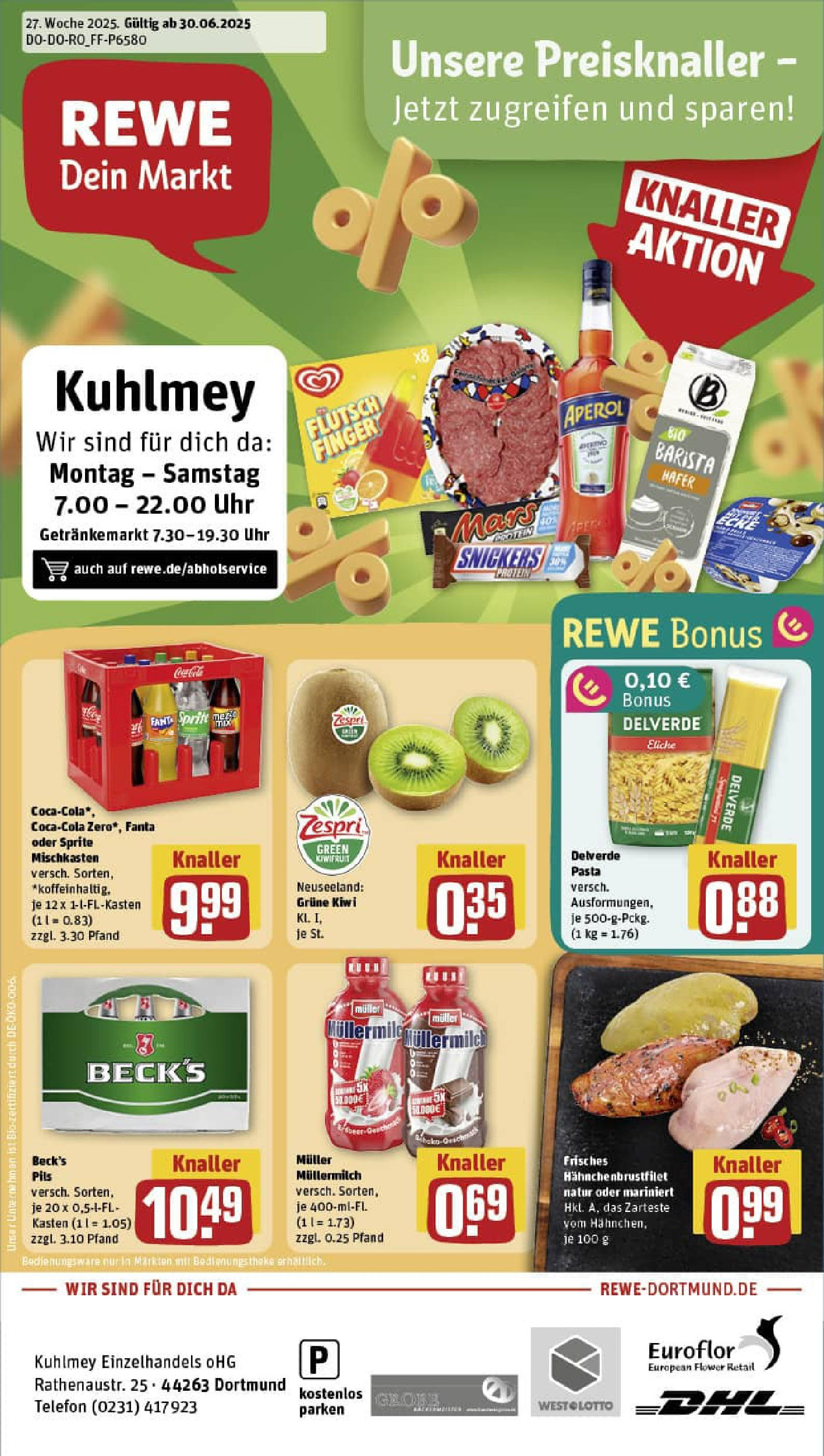 REWE Prospekt ab 29.06.2025 zum Blättern » Angebote | Seite: 1 | Produkte: Pasta, Aperol, Muller mullermilch, Telefon