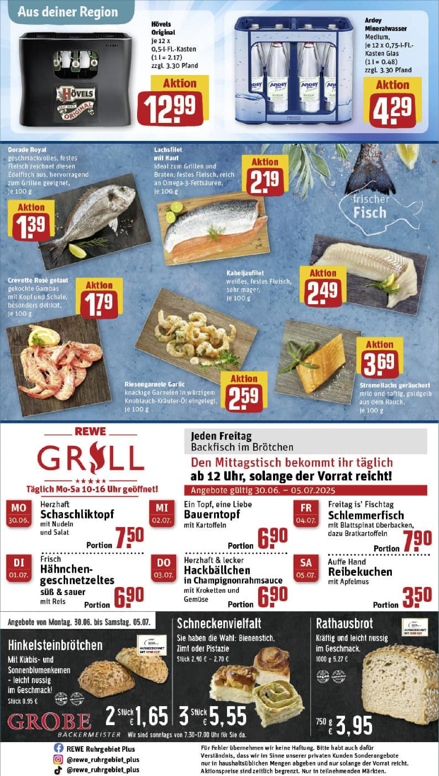 REWE Prospekt ab 29.06.2025 zum Blättern » Angebote | Seite: 33 | Produkte: Garnelen, Mineralwasser, Fisch, Salat