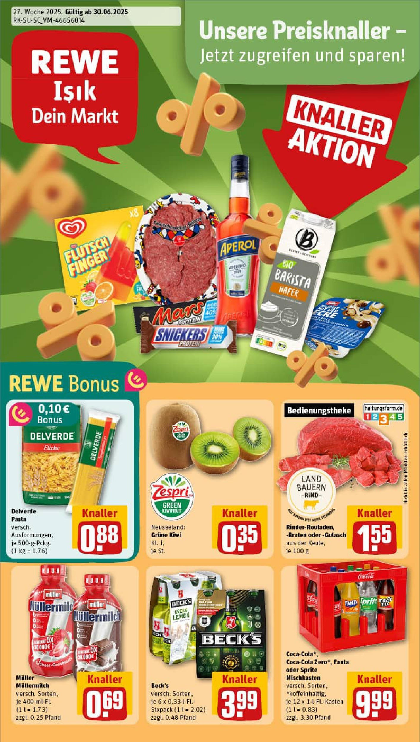 REWE Prospekt ab 29.06.2025 zum Blättern » Angebote | Seite: 1 | Produkte: Pasta, Müllermilch, Kiwi, Muller mullermilch