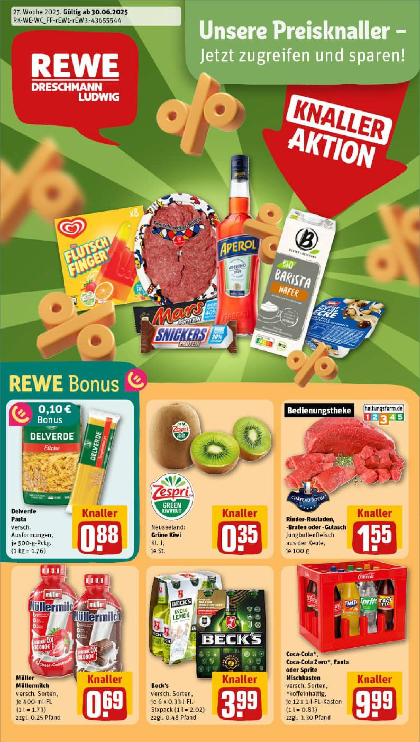 REWE Prospekt ab 29.06.2025 zum Blättern » Angebote | Seite: 1 | Produkte: Snickers, Pasta, Aperol, Kiwi