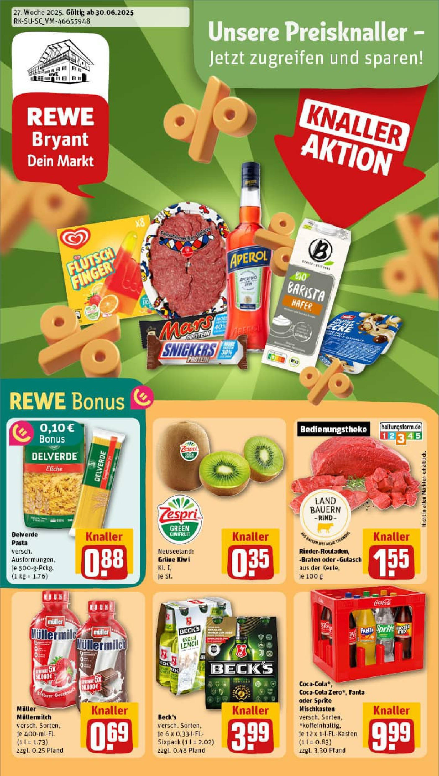 REWE Prospekt ab 29.06.2025 zum Blättern » Angebote | Seite: 1 | Produkte: Snickers, Müllermilch, Kiwi, Muller mullermilch