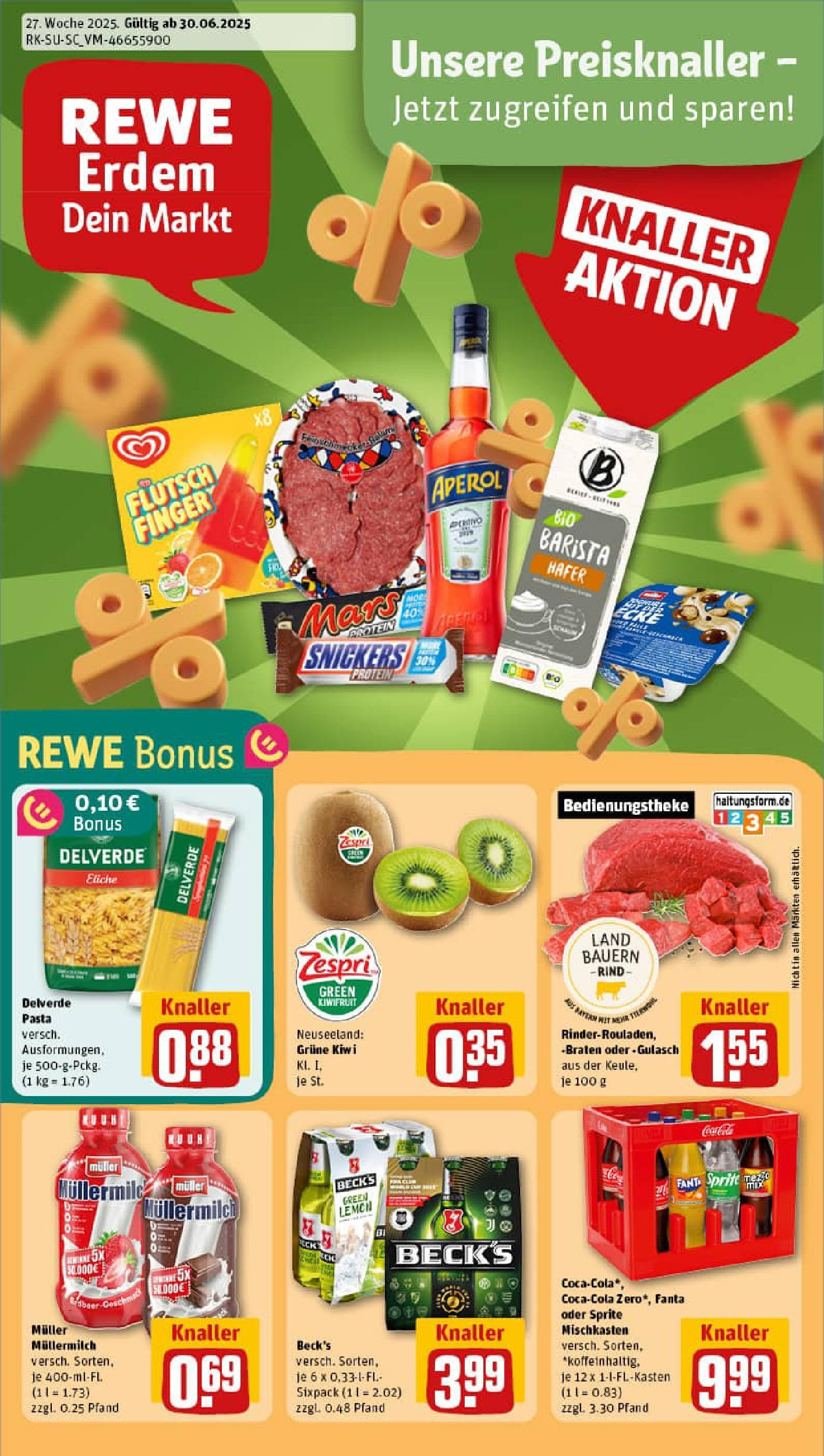 REWE Prospekt ab 29.06.2025 zum Blättern » Angebote | Seite: 1 | Produkte: Snickers, Gulasch, Aperol, Kiwi