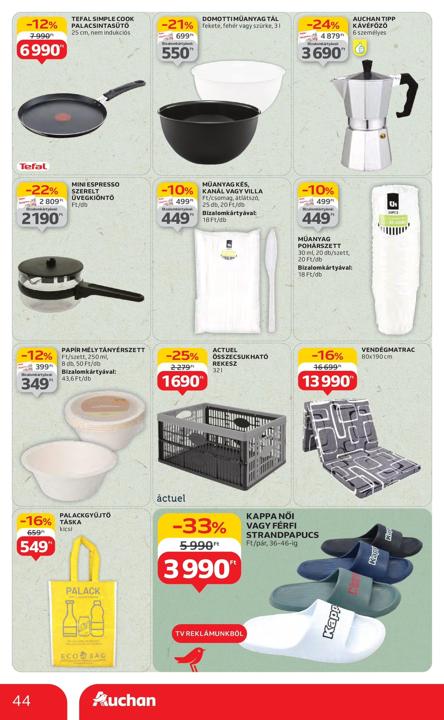 Akciós újság új Auchan - 2025.06.26. -tól/töl ⏳ | Oldal: 44 | Termékek: Strandpapucs, Táska, Tefal, Kávéfőző Auchan Akciós újság - 2025.06.26. -tól/töl > akció, lapozható szórólap 🛍️ | Oldal: 44 | Termékek: Strandpapucs, Táska, Tefal, Kávéfőző