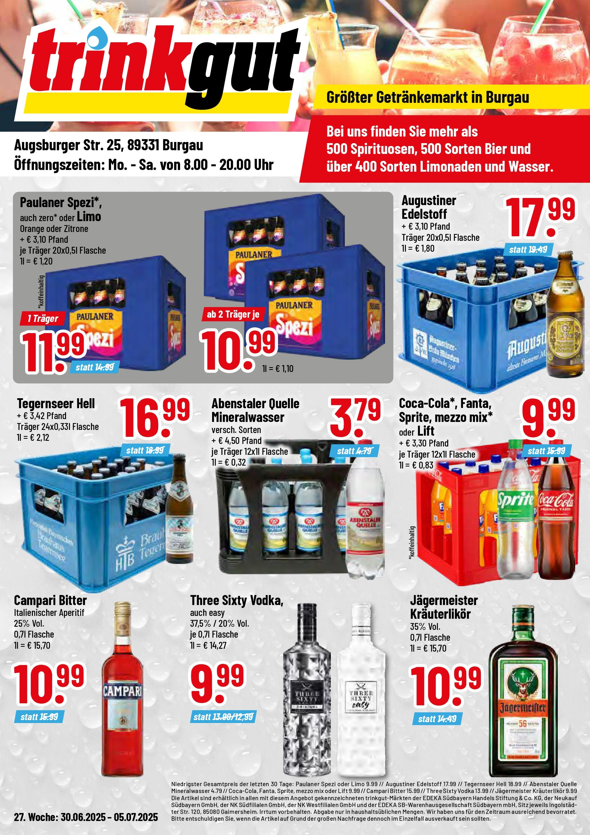 Trinkgut prospekt Burgau	 (ab 29.06.2025) » Angebote online | Seite: 1 | Produkte: Mezzo mix, Paulaner spezi, Jägermeister, Paulaner