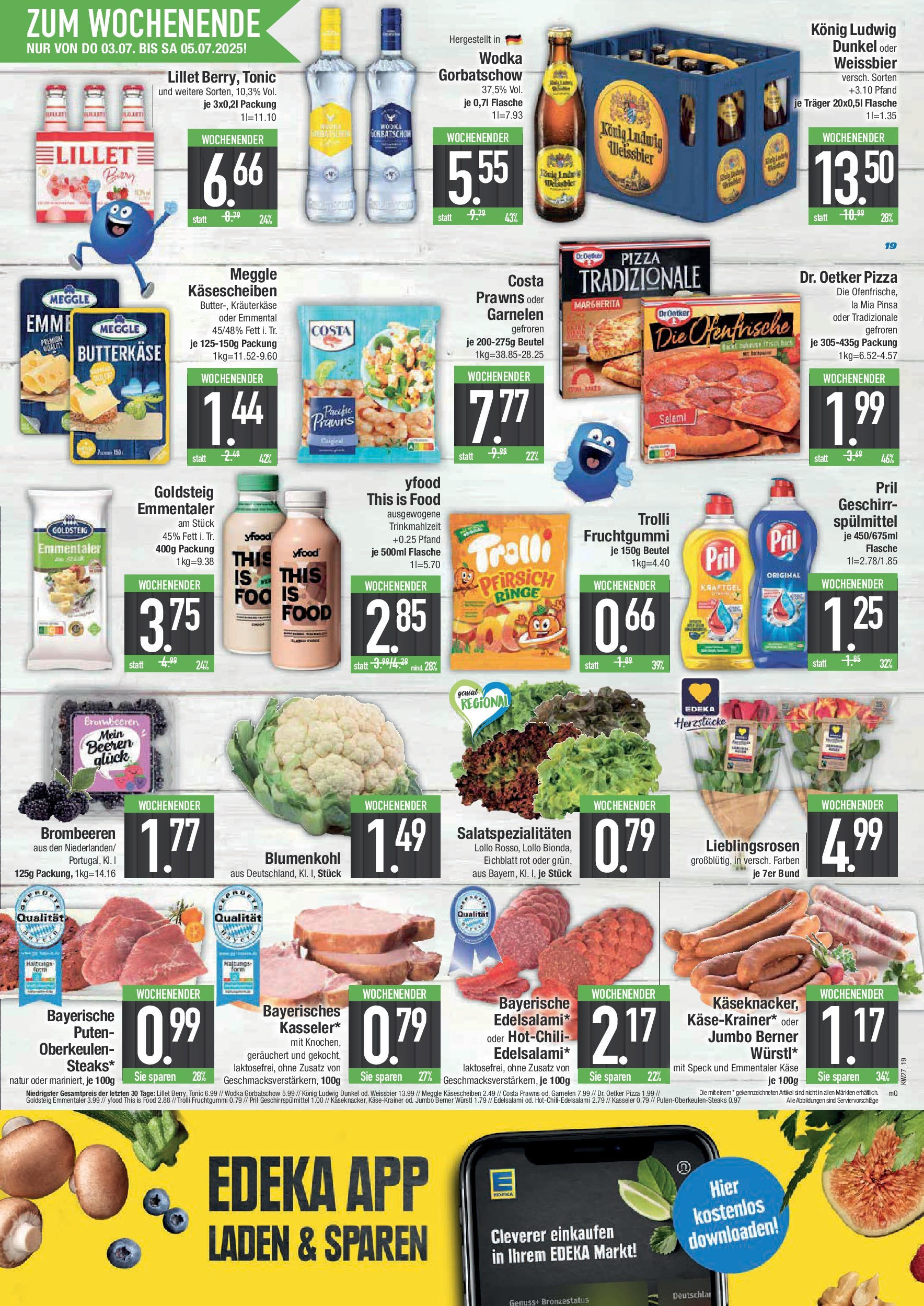 Edeka prospekt München	 (ab 29.06.2025) » Angebote Online | Seite: 19 | Produkte: Käse, Blumenkohl, Salami, Vodka